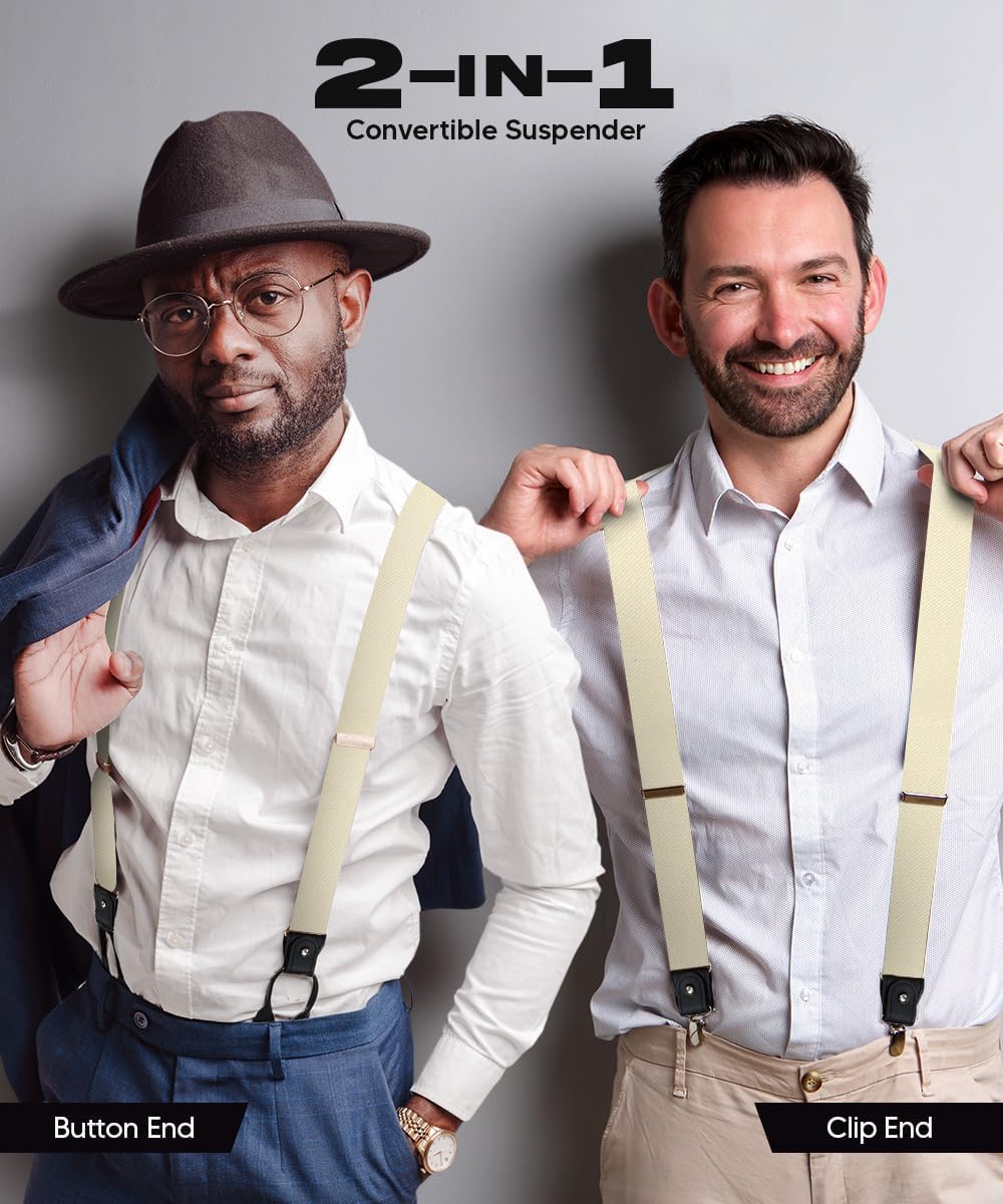 Convertible Suspenders with Interchangeable Clip & Button End Styles, Elastic Y-Back