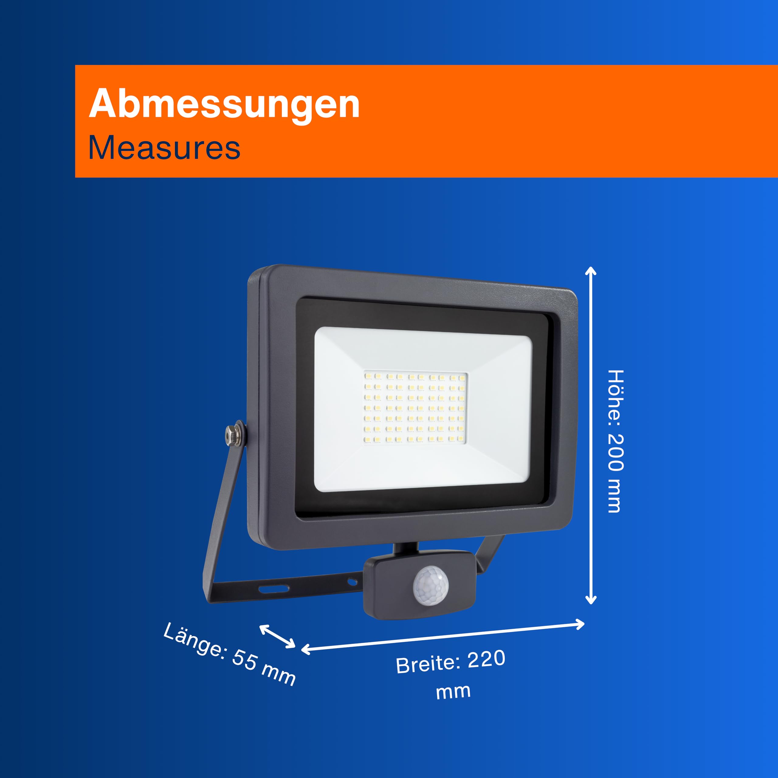 REV Aussenlampe FLARE - LED Aussenleuchte mit Bewegungsmelder, IP44, Strahler außen 50W, 4250 Lumen, 6500K, Erfassungswinkel 90° auf 7m, anthrazit