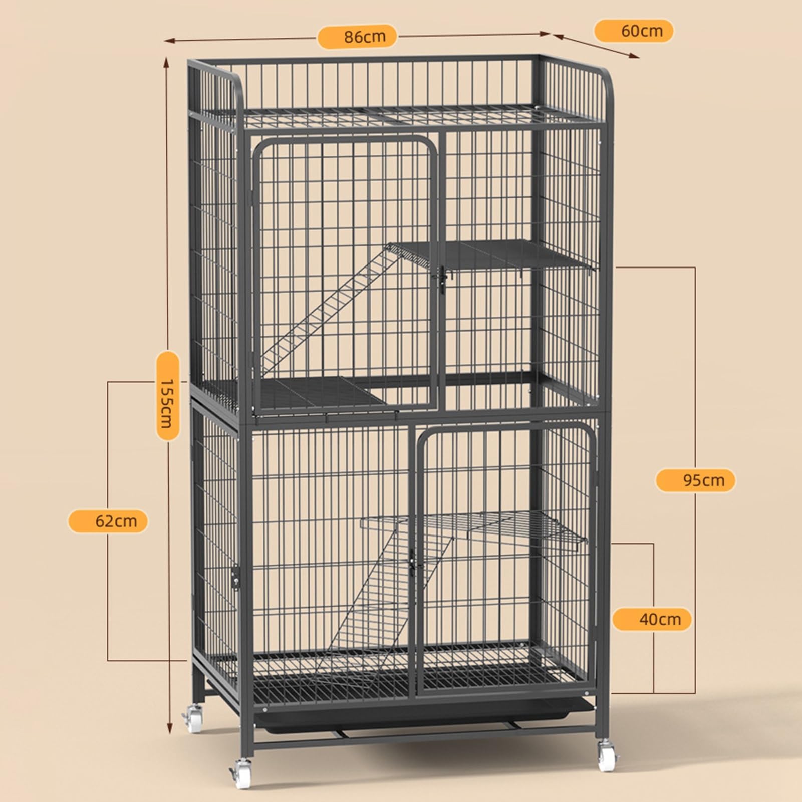 Grande gabbia per gatti, Gabbia per Gatti da Interno Multifunzionale, con 4 Rotelle Orientabili e vassoio estraibile, prodotti per animali domestici, Gabbia per 1-2 Gatti, Chinchilla(86*60*155cm)