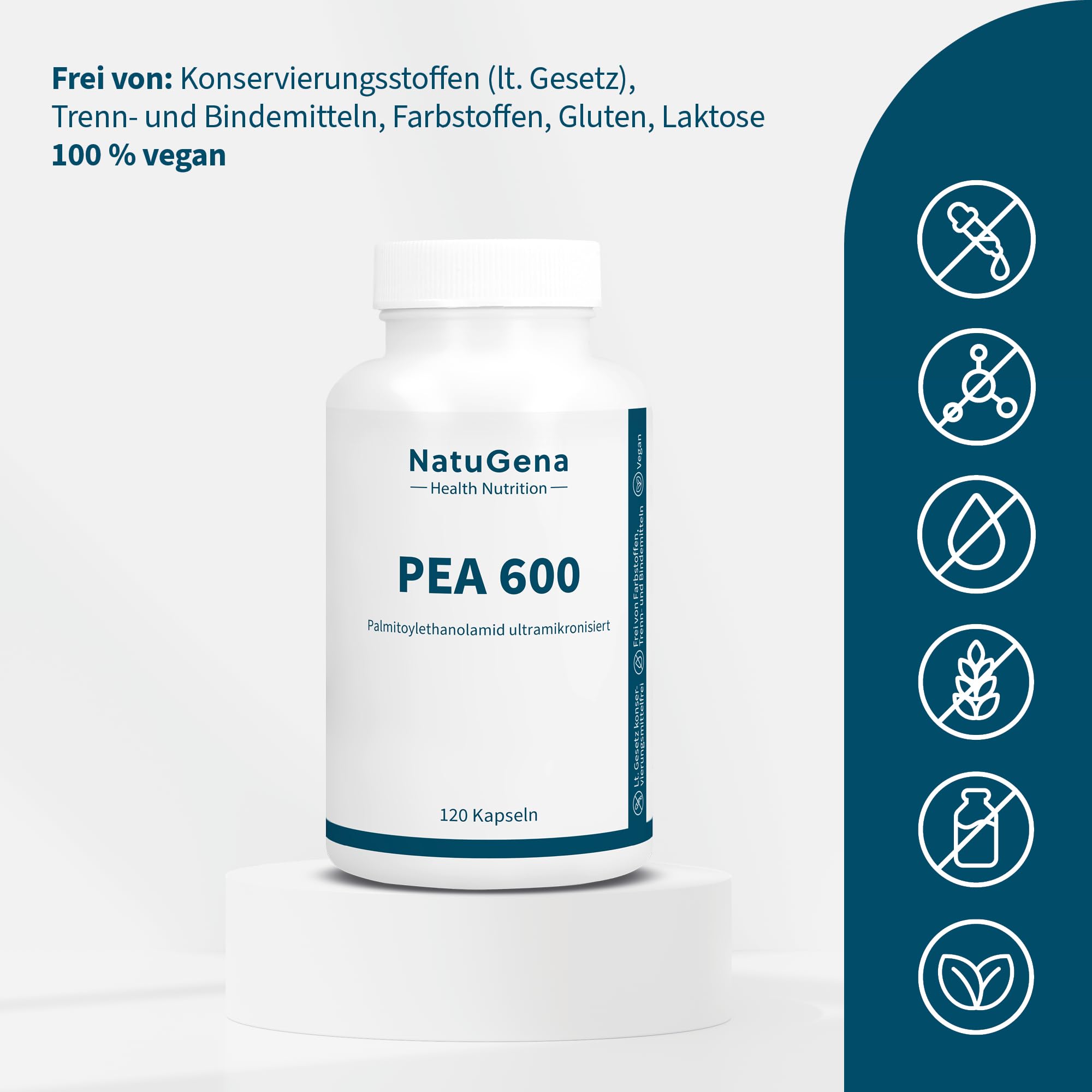 NatuGena PEA 600 mg reines Palmitoylethanolamid ultramikronisiert, Gruppe der N-Acylethanolamide, frei von synthetischen Zusatzstoffen, flexibler Verzehr, vegan, 120 Kapseln (120 Tage Packung)