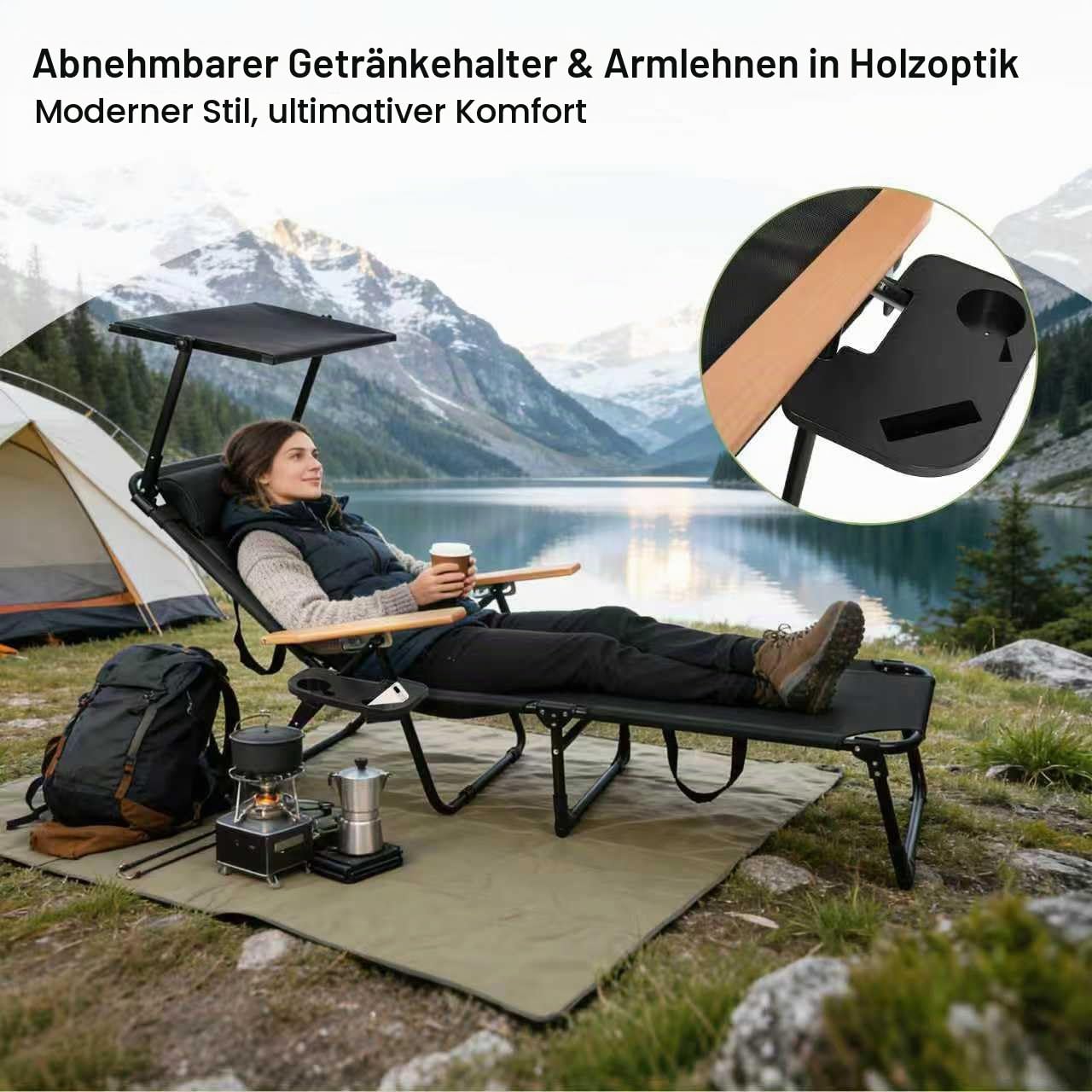 Cozykimo Sonnenliege Klappbar mit Dach, Gartenliege Klappbar Liegestuhl Verstellbarer Rückenlehne, mit Holzarmlehnen, Campingliege Faltbar, für Balkon, Terrasse, Camping, Strandliege Leicht (Schwarz) Garten