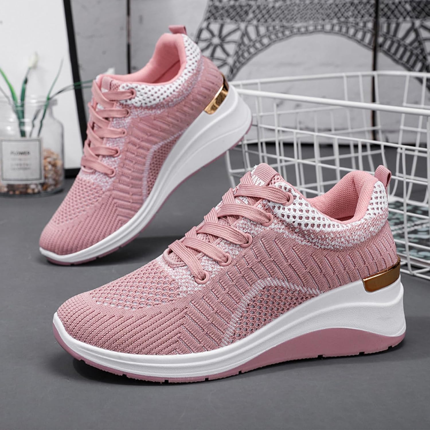 Women's Knitted Mesh Wedge Lace-up Sports Shoes with Arch Support Comfortable Heightened Thick Casual Orthopedic Walking Shoes Outdoor Non-Slip Lightweight Running Tennis Shoes - Image 6