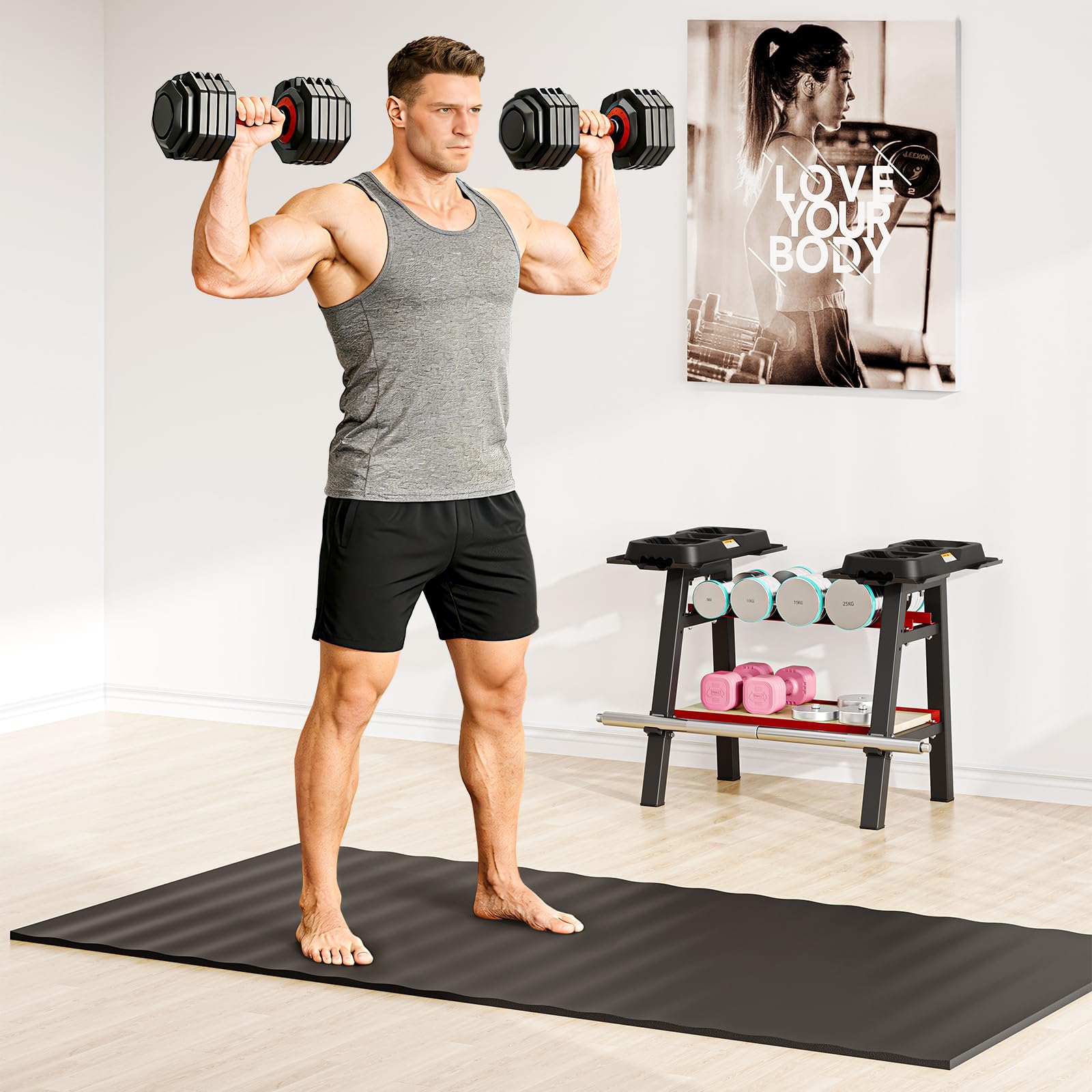Dripex Soporte para Mancuernas Multifuncional de 2 Niveles Deportivo de Interior Fitness en Casa, Estante de Almacenamiento de Mancuernas Ajustable, Carga Máxima de 300 kg
