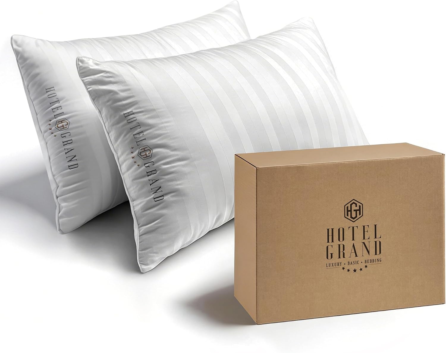 Hotel Grand Bed Pillows Queen Size Set of 2 Packs - 500 Thread Count 100% Cotton Medium Firm Hypoallergenic Feather Down Pillows Machine Washable Pillow for Back, Stomach or Side Sleepers, 20"x28"