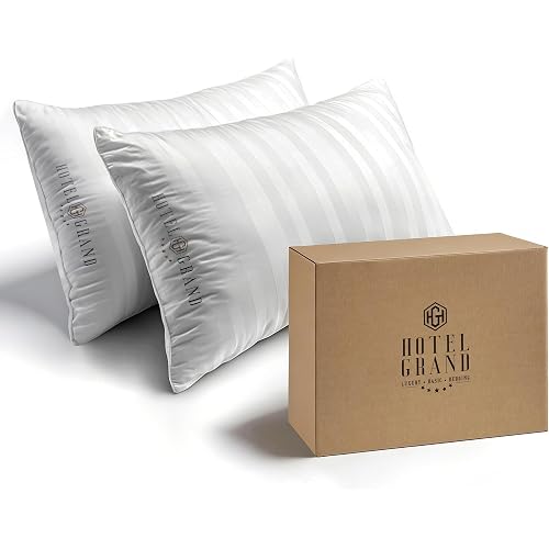 Hotel Grand Bed Pillows King Size Set of 2 Packs - 500 Thread Count 100% Cotton Medium Firm Hypoallergenic Feather Down Pillows Machine Washable Pillow for Back, Stomach or Side Sleepers, 20"x36"