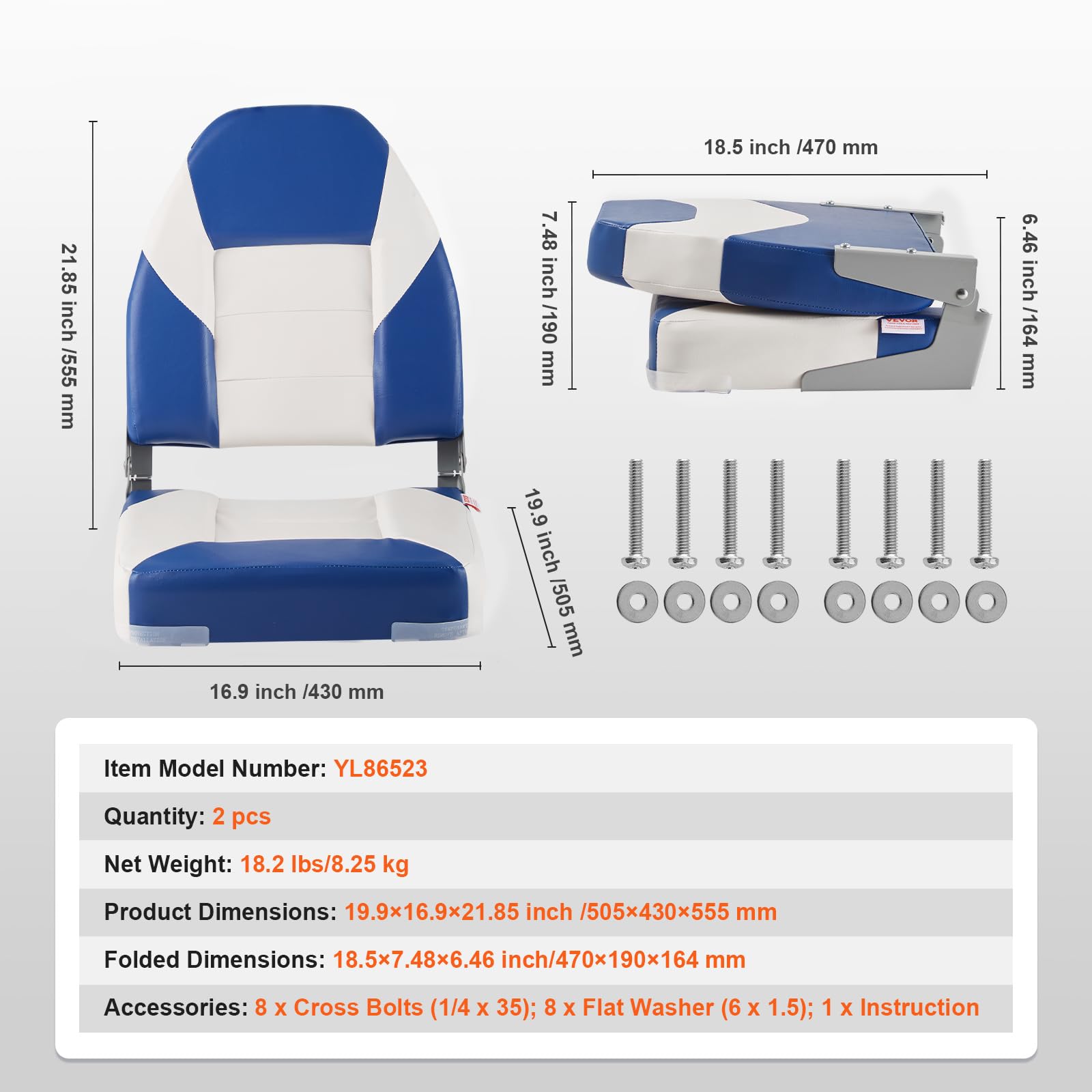 VEVOR Asiento Plegable para Barco con Respaldo Alto 2 Piezas 505 x 430 x 555 mm, Silla Plegable Impermeable con Acolchado de Esponja Gruesa y Bisagra, para Lanchas Rápidas, Barcos de Pesca, Canoas