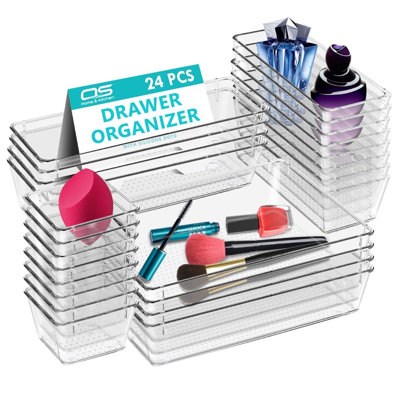 Clear Drawer Organiser Trays Set – Makeup Organiser Tray for Drawers – Versatile Makeup, Cosmetics, and Utensil Storage for Bedroom, Office, and Kitchen- Cutlery Set Divider In 4 Sizes (TRAY-24PCS)