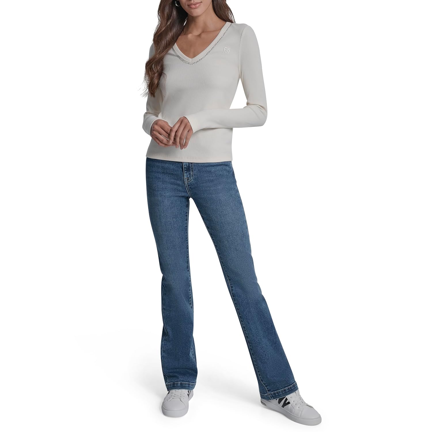 DKNY Womens V-Neck Rhinestones Knit Top - Image 2