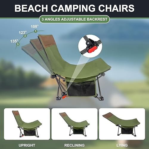Miniatura 3 de Paquete de 2 sillas de playa compactas con respaldo ajustable y bolsillo lateral, sillas de camping plegables bajas para adultos, sillas reclinables