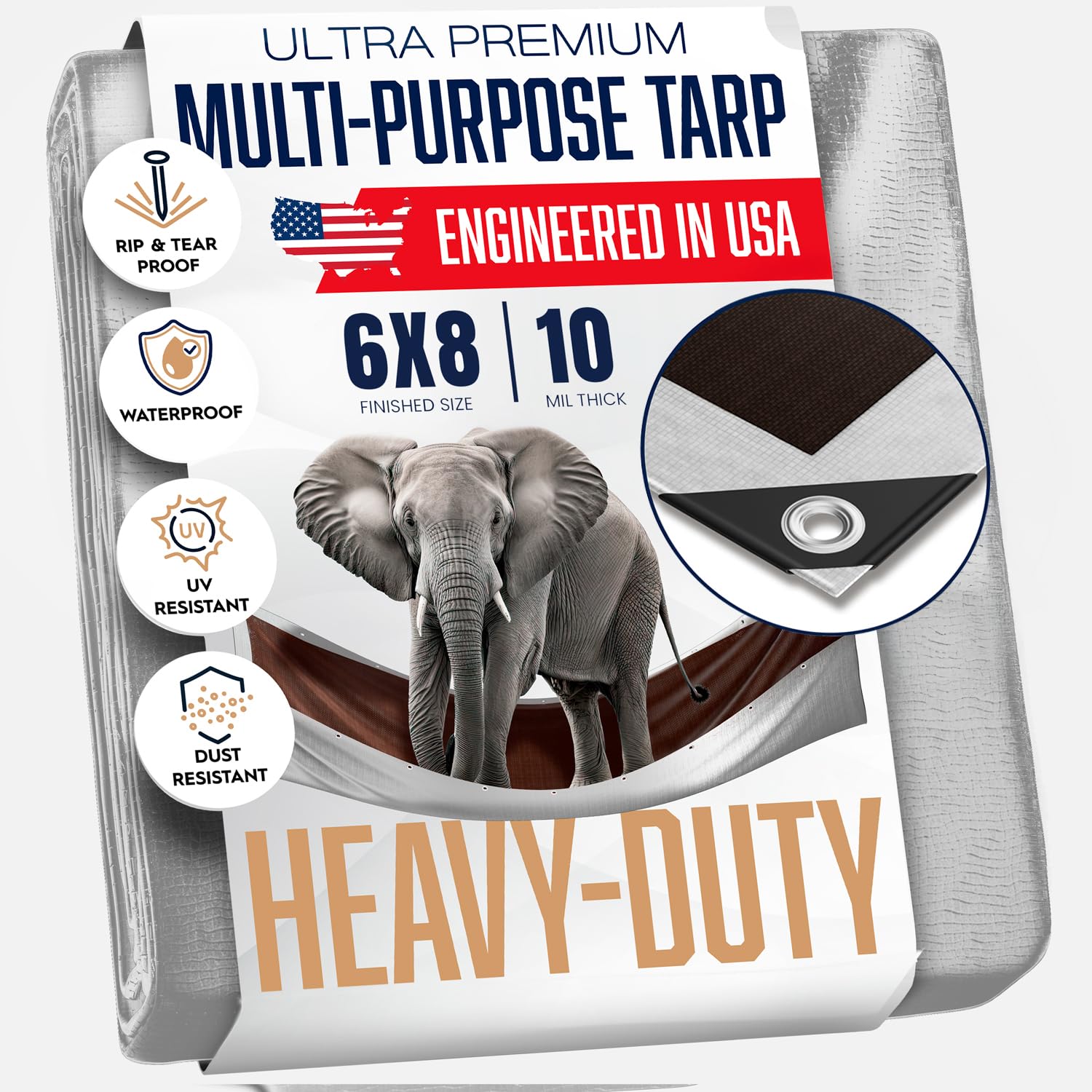 6x8 Heavy Duty Tarp, 10 Mil Thick, Waterproof, High Durability, Tear & Fade Resistant, UV Treated, Grommets Every 18 Inches (6x8 Small Tarp)