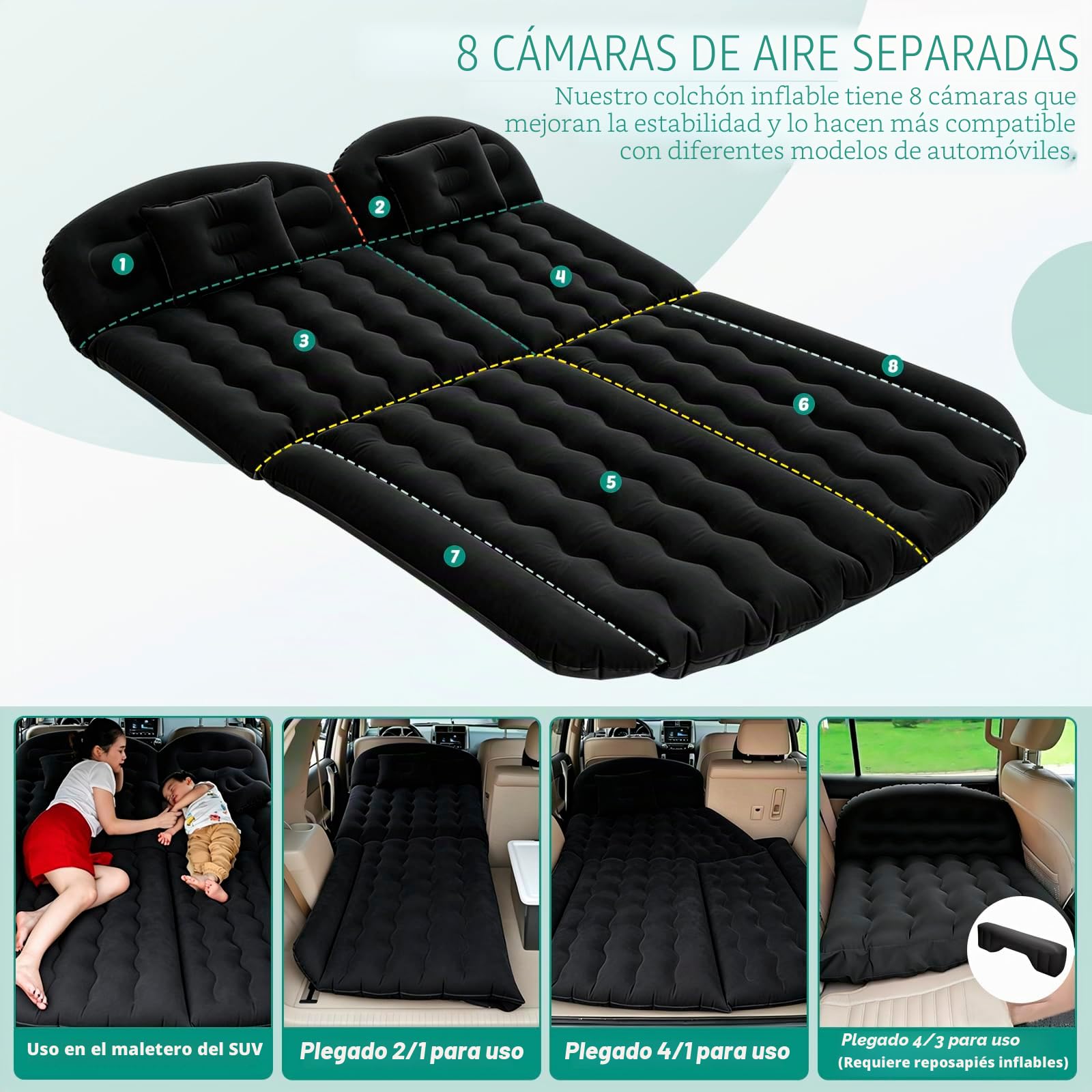 Colchón de coche, colchón de doble cara de flocado grueso, cama inflable para el maletero del coche, colchón de aire más grueso para el asiento trasero del coche, colchón de aire con dos cojines para