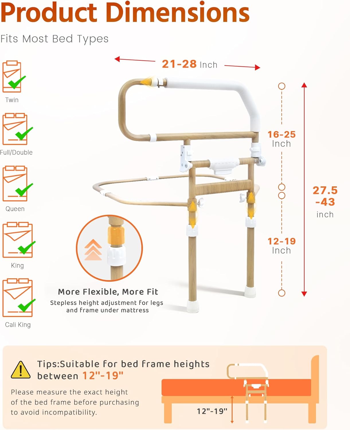 Sangohe Bed Rails for Elderly Adults Safety - Foldable Bed Rail for Senior & People Falling Out of Bed, Height Adjustable, Fits Thick Mattress, Hold up to 300 Lbs, KDB504M-F02FT