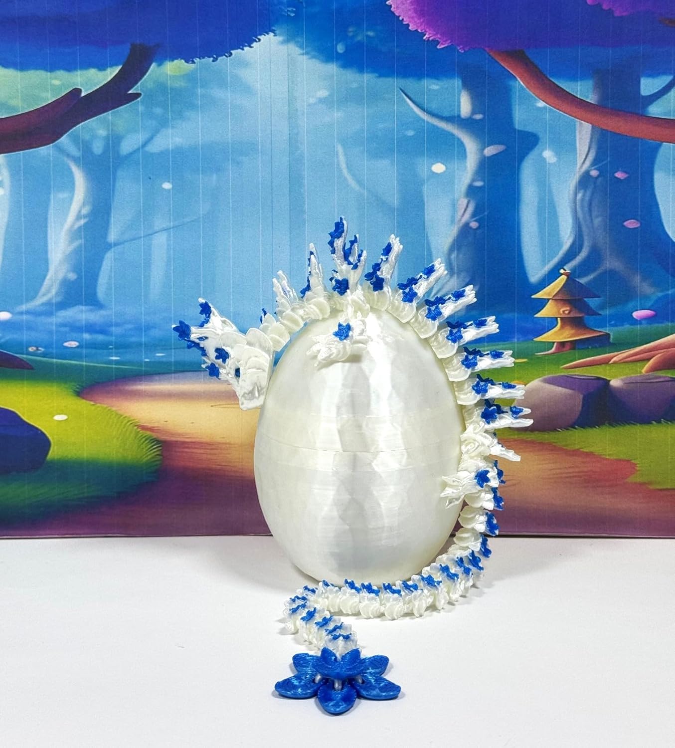 Articulated Dragon, 12" 3D Printed White and Blue Cherry Blossom Dragon, Fidget Toy Executive Desk Toy D017-WB-DR