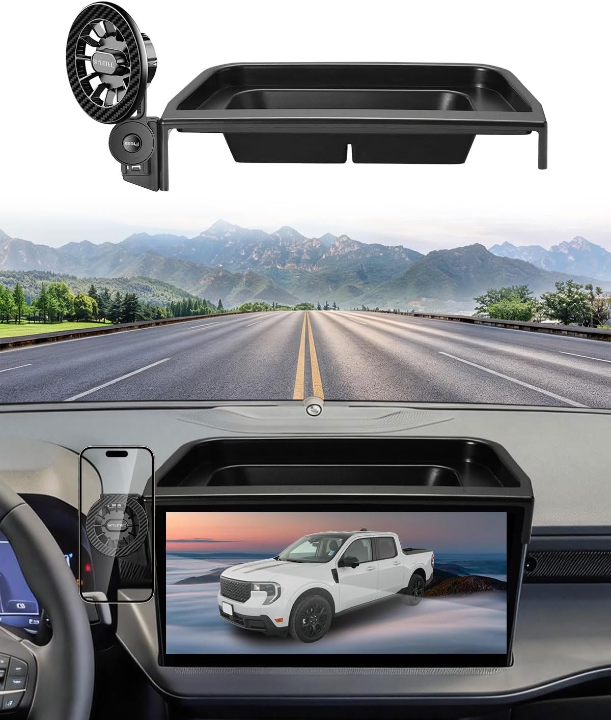 Phone Mount for 2025 2026 Ford Maverick/Hybrid Dash Console Organizer 13.2-Inch Screen, Automobile Cradles Magnetic Phone Holder for MagSafe, Magnets Cell Phone Holder with Tray Dashboard Storage