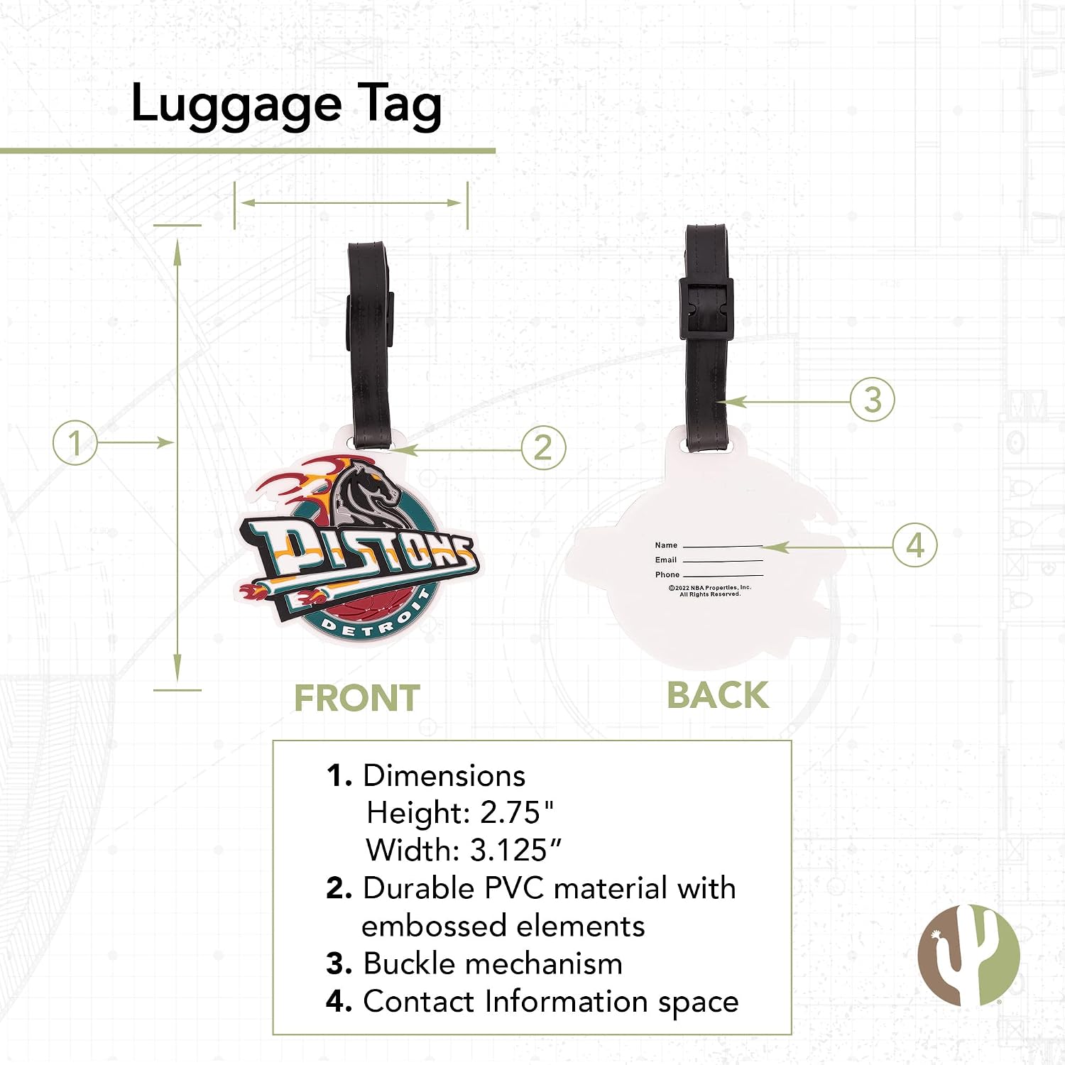 Desert Cactus Detroit Pistons Luggage Tag – NBA Licensed Bag Tag for Suitcase, Backpack, Travel, or Sports Fan Gear (Luggage Tag Vintage A)
