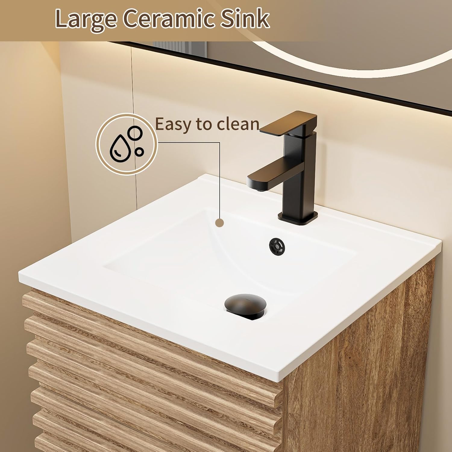 LUCKWIND 18" Bathroom Vanity with Sink Combo, Mid-Century Storage Cabinet with Wood Stripes, Ceramic Sink and Water Saving Faucet, Walnut