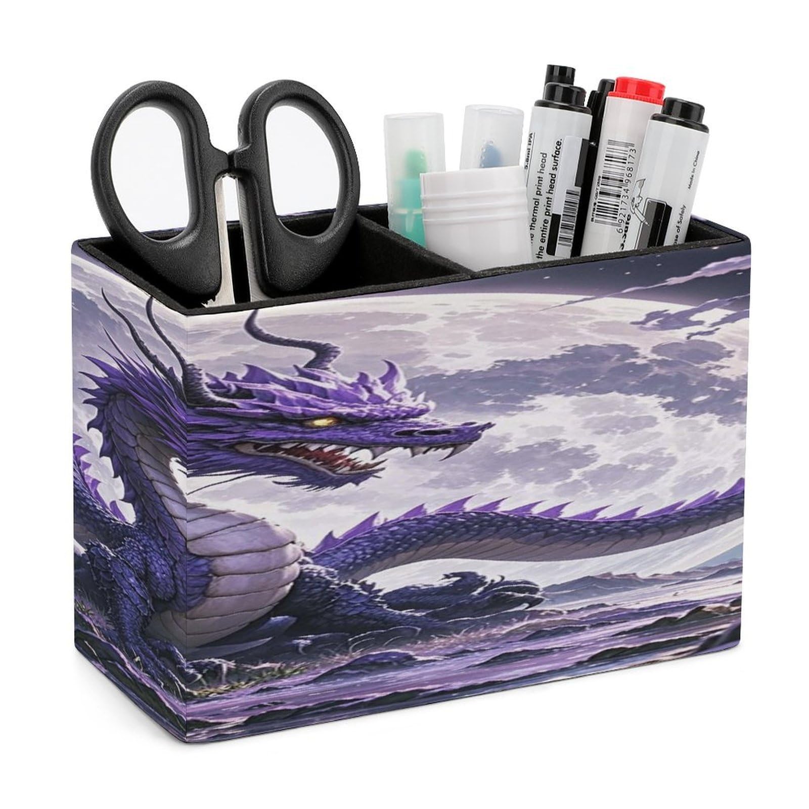 VstaDank Purple Dragon Purple Moon Pen Holder Double Compartments Pen Cup Fashion Makeup Brush Holders Leather Pencil Holder for Work Locker Accessories Modern Pencil Cup for Desk Organizer