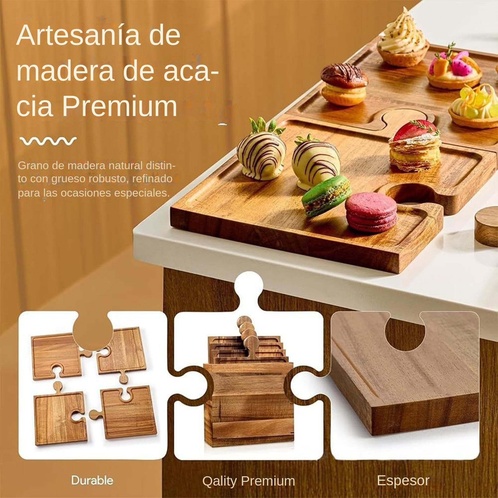 Bandeja Grande de Servir - Juego De Presentación con Diseño De Puzzle | Bandeja Grande de Madera,para Comida Carne Fruta Snacks Postres Cocina Salon Mesa Fiesta Buffet