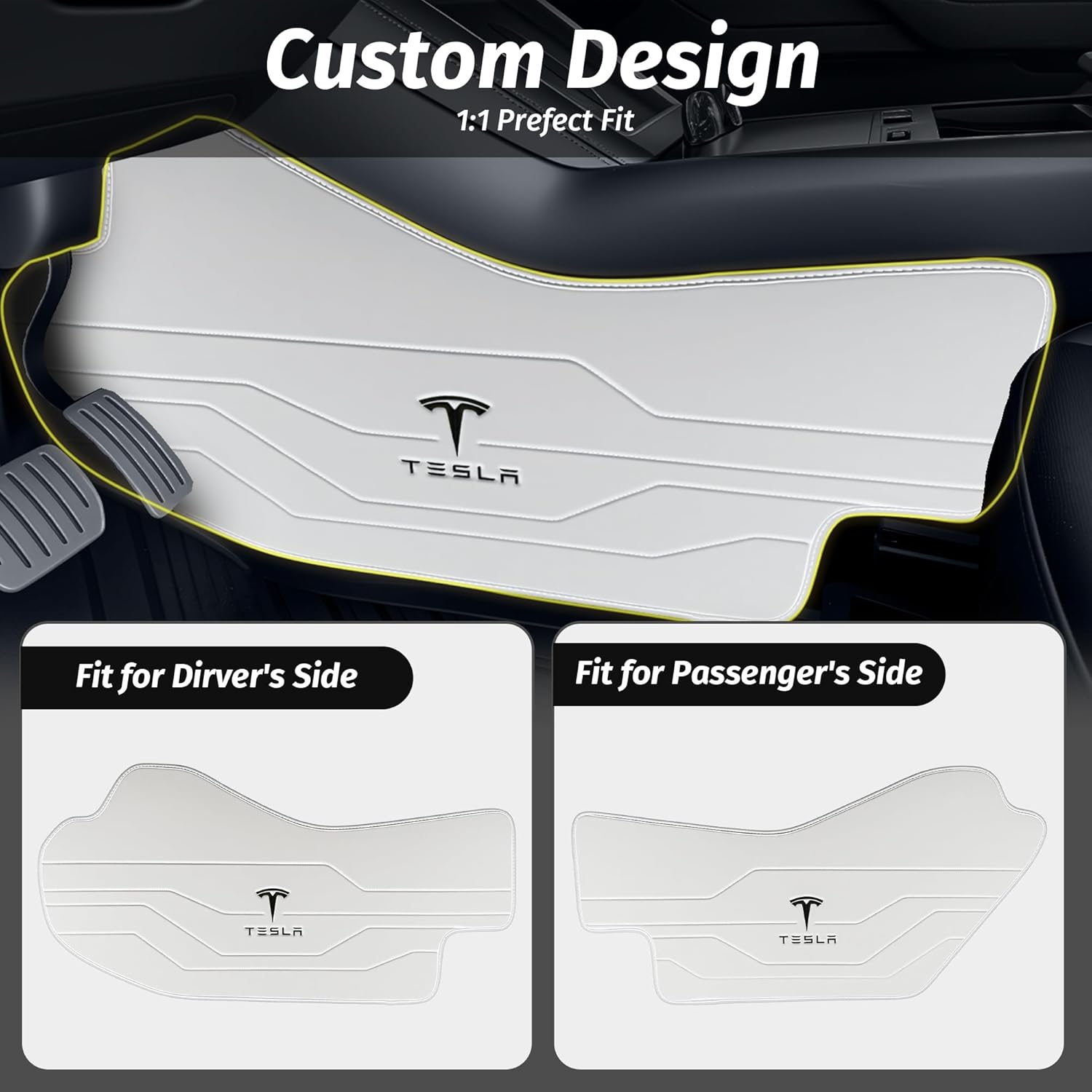 Center Console Leather Side Anti-Kick Mats(2 Pieces) Designed for Tesla Model Y Juniper(2025-2027),Waterproof, Dust Resistant, Front Seat Side Protector Cover White