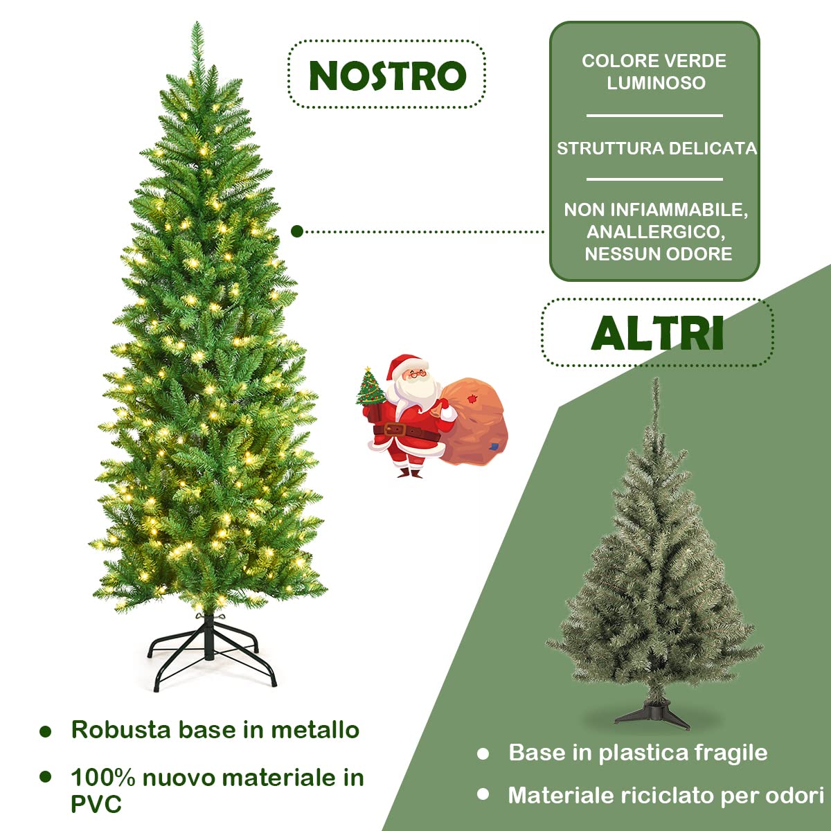 Albero Di Natale Slim 150 Cm Con Luci LED Colorate - 343 Punte, Base In Metallo, Facile Da Montare! - Foto 7