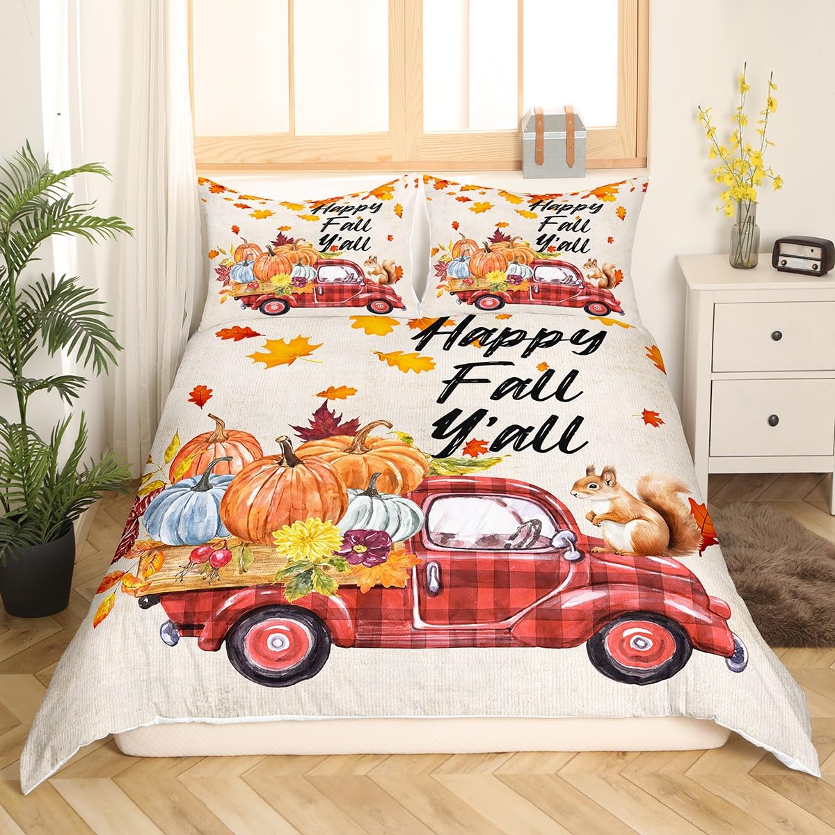 Happy Fall Y'All - Set di biancheria da letto con copripiumino, decorazione autunnale, super king size, per ragazze, regalo per il giorno del Ringraziamento, copripiumino rustico con foglie d'acero e