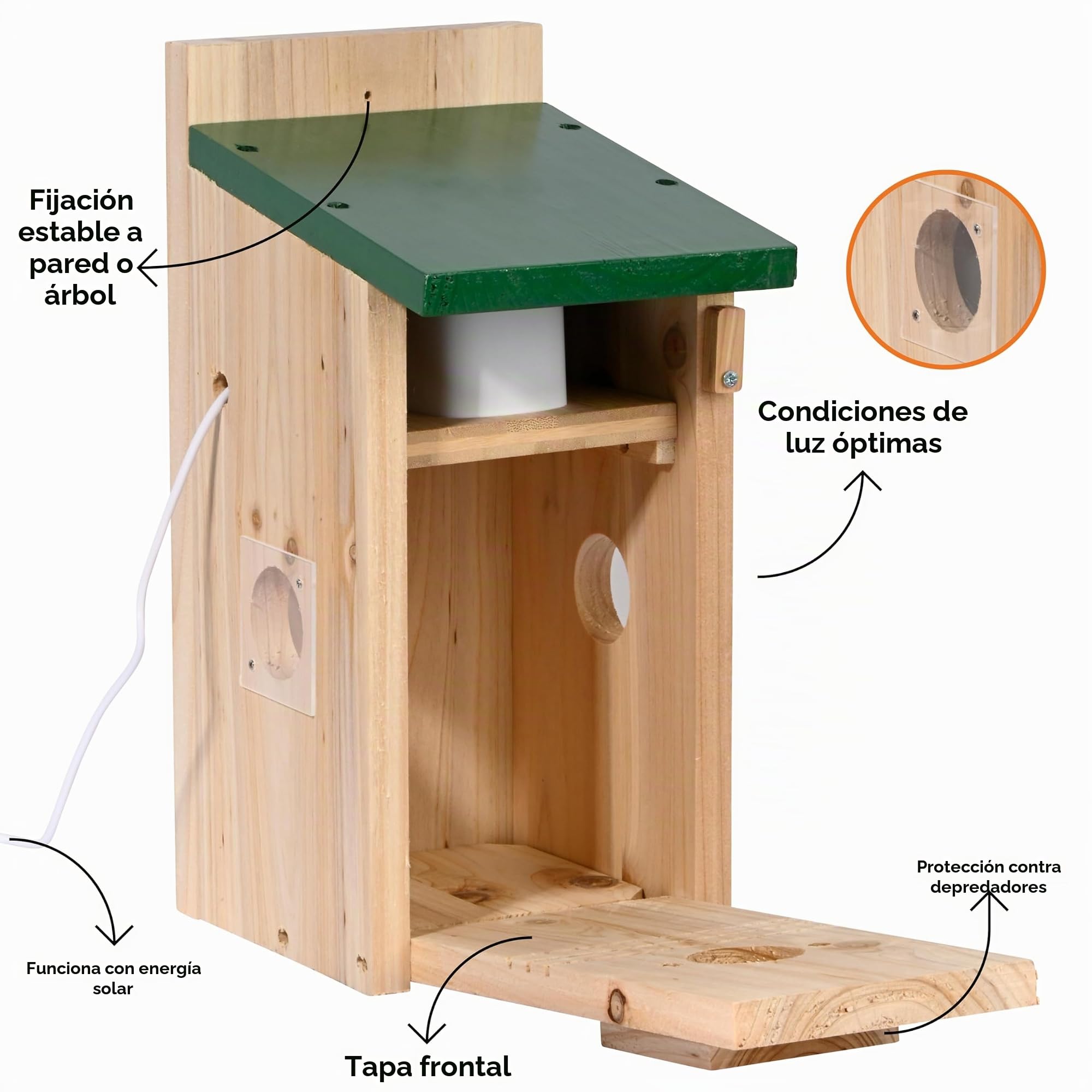 dobar® Nido Eazy con cámara WiFi y Panel Solar, observación de Aves, con Ayuda para anidar de Madera y aplicación, diámetro de 30 mm, Color Verde