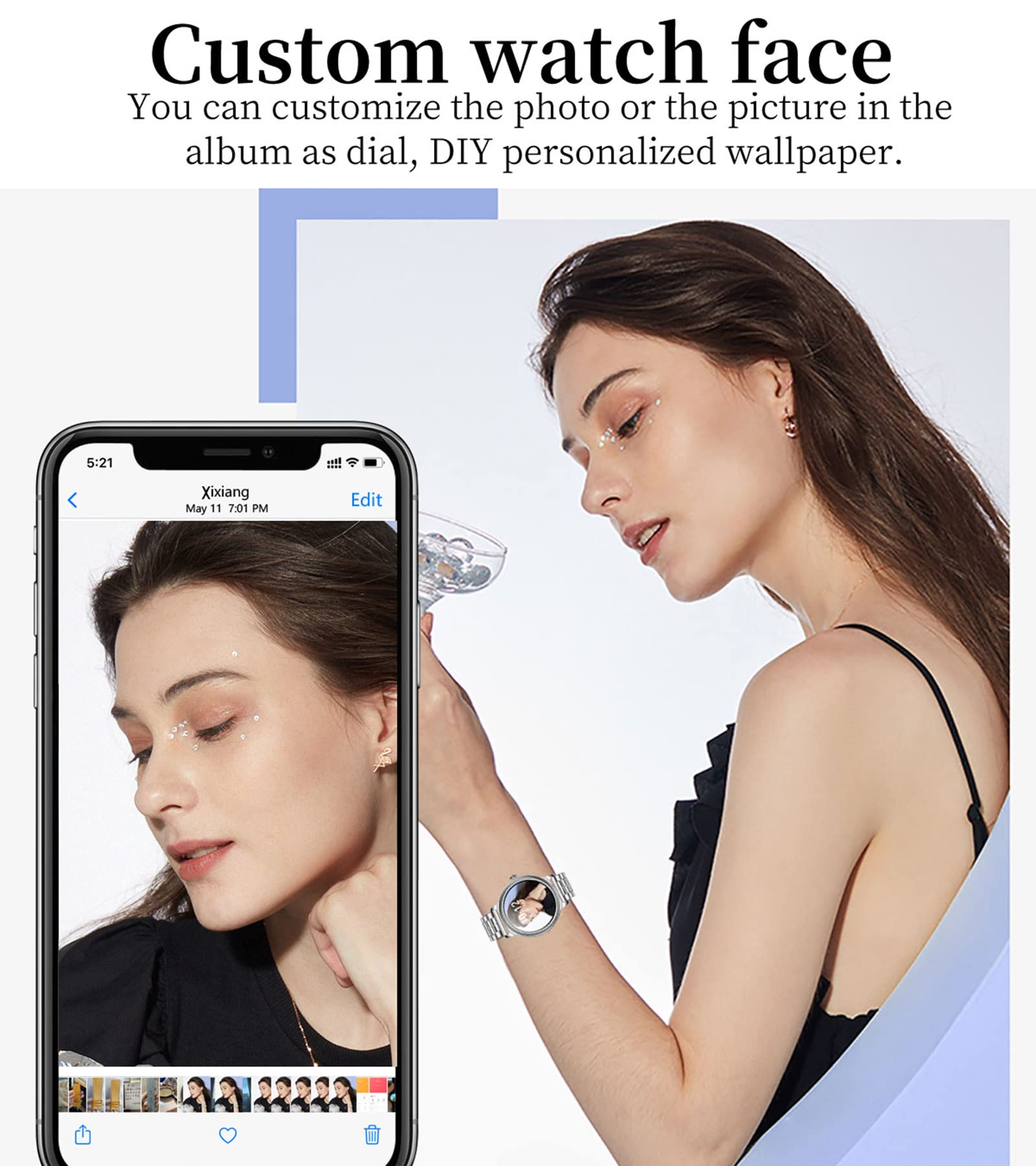 Smartwatch damski łańcuszek na rękę, różowe złoto, srebro, bransoletka ze stali nierdzewnej, pulsometr, zegarek z ciśnieniomierzem ciśnienia krwi, krokomierzem, monitor dla kobiet, metalowy, modny, elegancki diament różowy (Rosegold)
