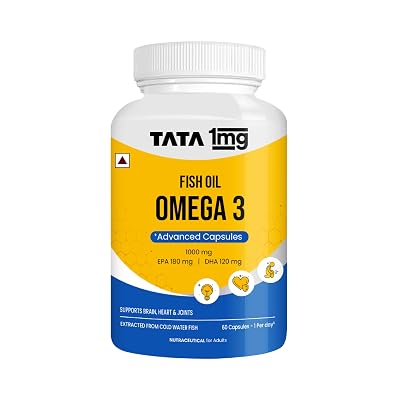 TATA 1MG Fish Oil Capsules with EPA (180mg) & DHA(120mg) for Hearth and Bone Health Skin & Hair Health, For Men/Women, N