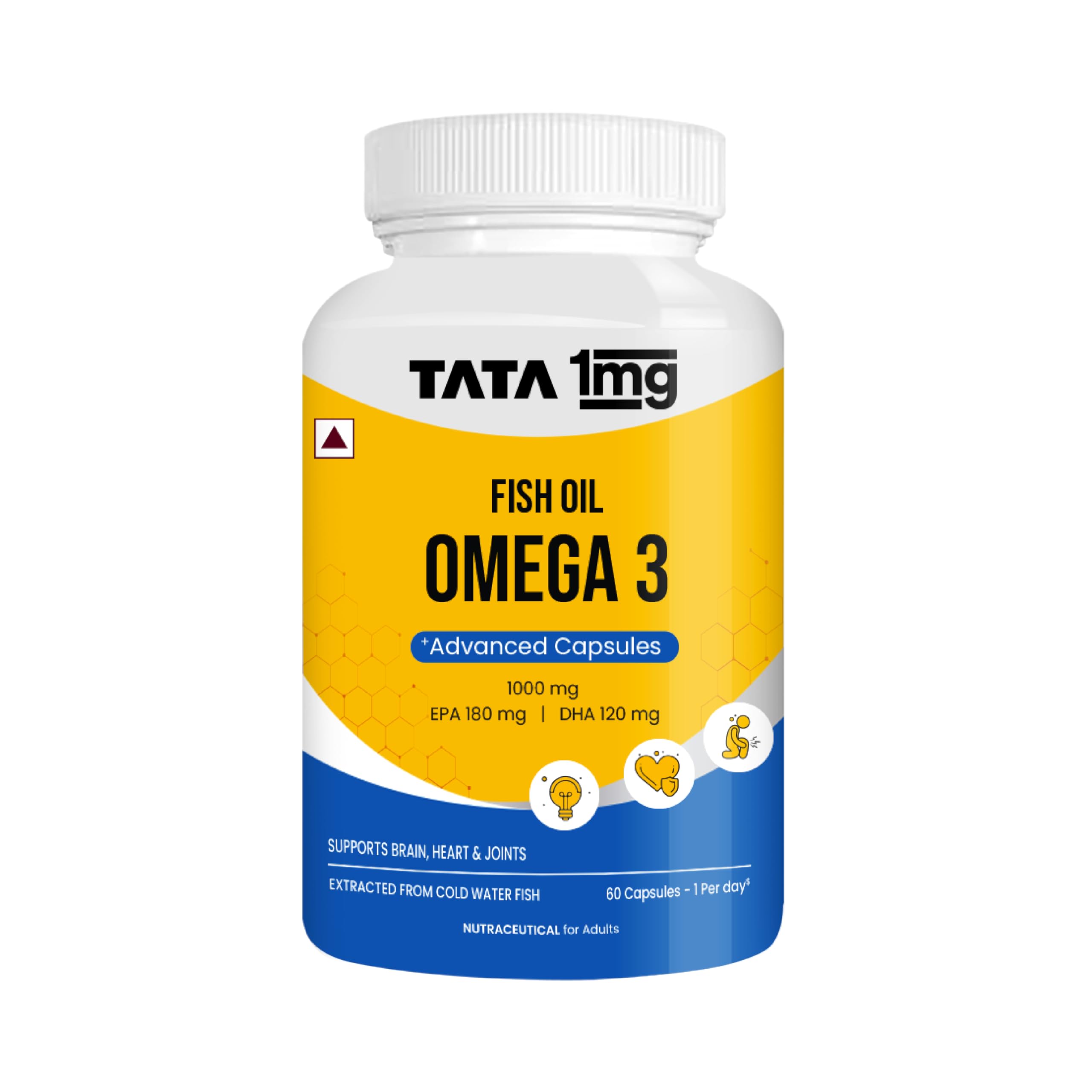 Tata 1mg Fish Oil Capsules with EPA (180mg) & DHA(120mg) for Hearth and Bone Health Skin & Hair Health, For Men/Women, No Fishy Burps,Non-GMO(Pack of ...