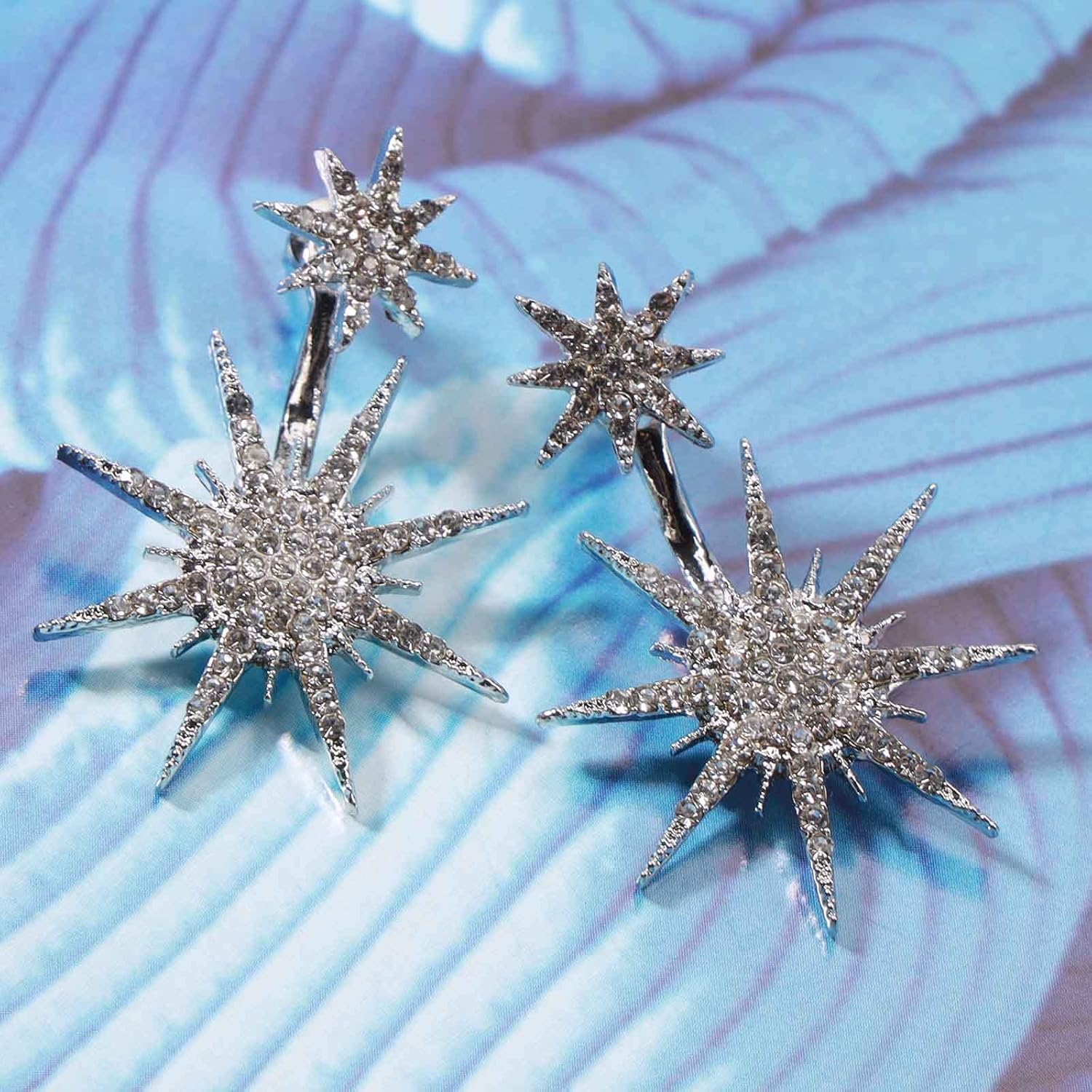 Andelaisi Sun Stars Drop Earrings Rhinestone Ear Jackets Earrings Silver Starburst Double Sided Stud Earrings Star Front Back Earring Sparkling Ear Studs Earrings Jewelry for Women - Image 6