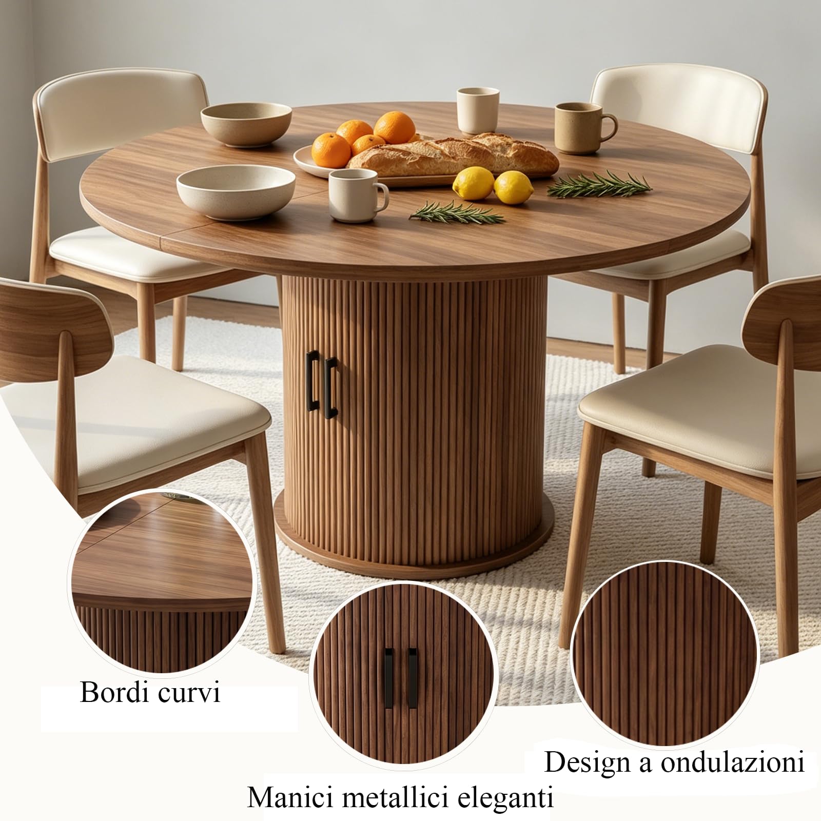 Tavolo da pranzo allungabile, rotondo, con spazio per riporre oggetti | Moderno tavolo da pranzo con base cilindrica, in legno, per 4-6 persone, marrone noce (solo tavolo)