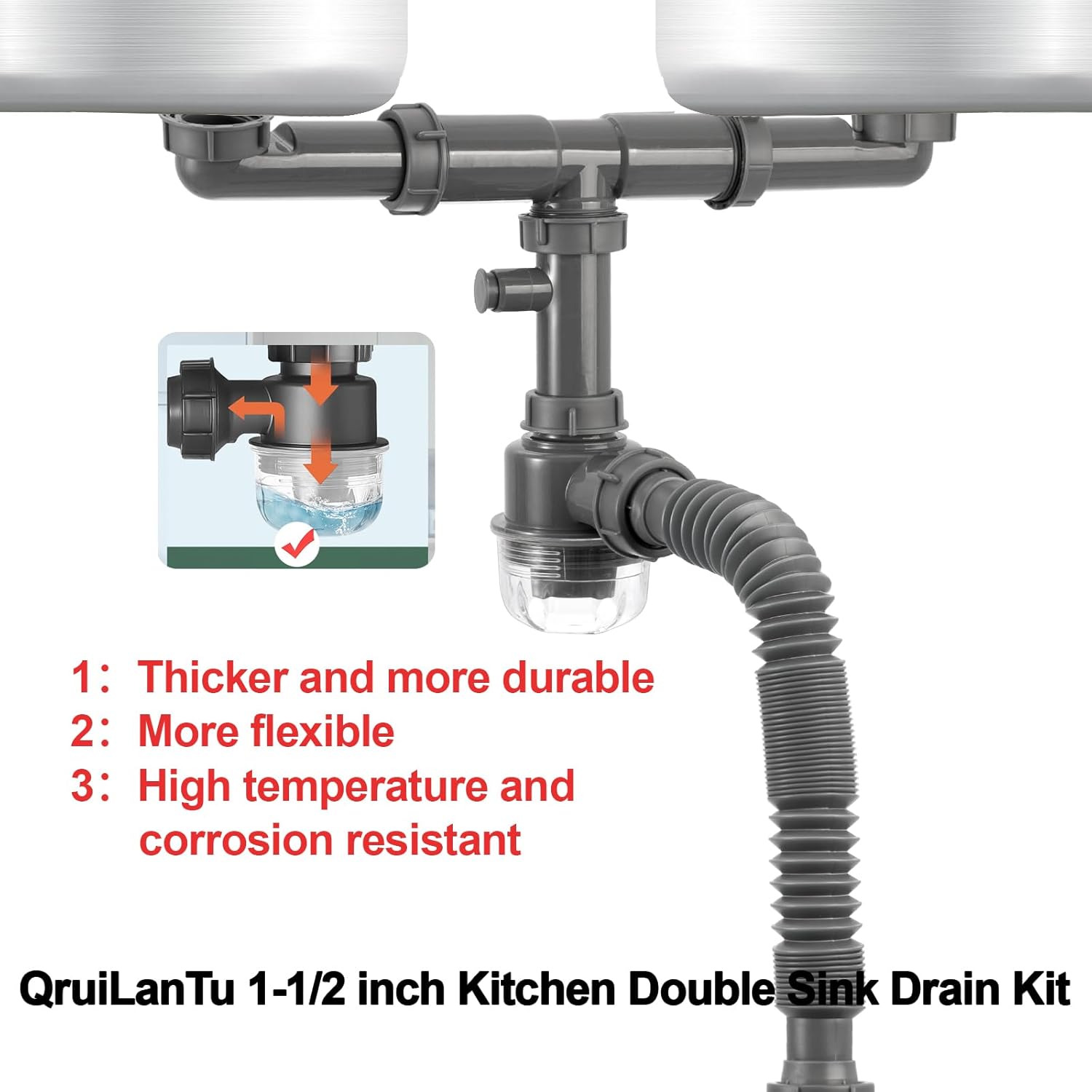1-1/2 inch Kitchen Sink Drain Kit, space-saving kitchen drain with P-trap and extendable flexible hose (gourd overflow preventer)