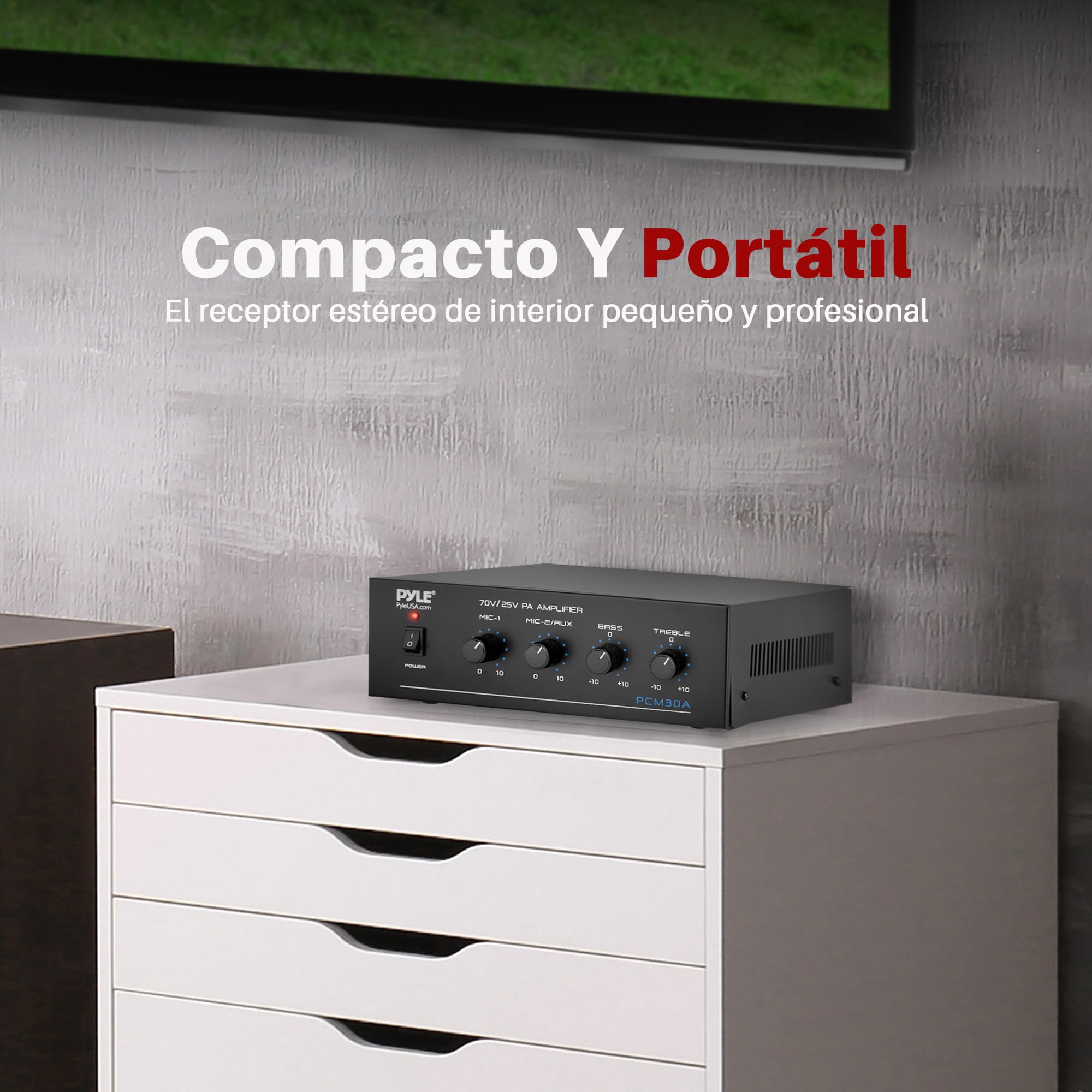 Pyle mini amplificador de potencia, Compacto, Estereo, Potencia maxima de 60V, RCA, 2 entradas de microfono, Salidas de 25/70 V, LED, Selector de entrada para PA
