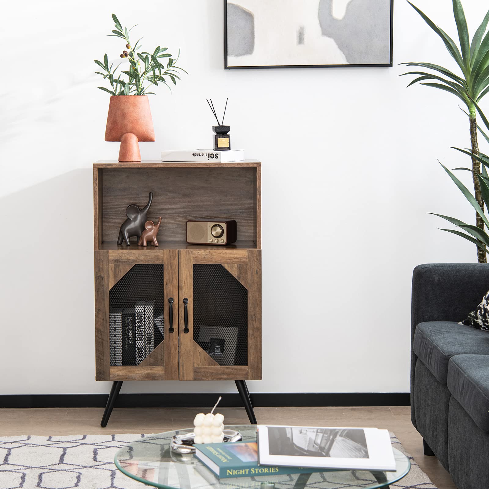 COSTWAY Küchenschrank, Weinschrank mit abnehmbarem Weinregal und integrierten Glashaltern, Buffetschrank Holz für 11 Weinflaschen & 9 Weingläser, Sideboard 59,5 x 33,5 x 93,5 cm, Vintage