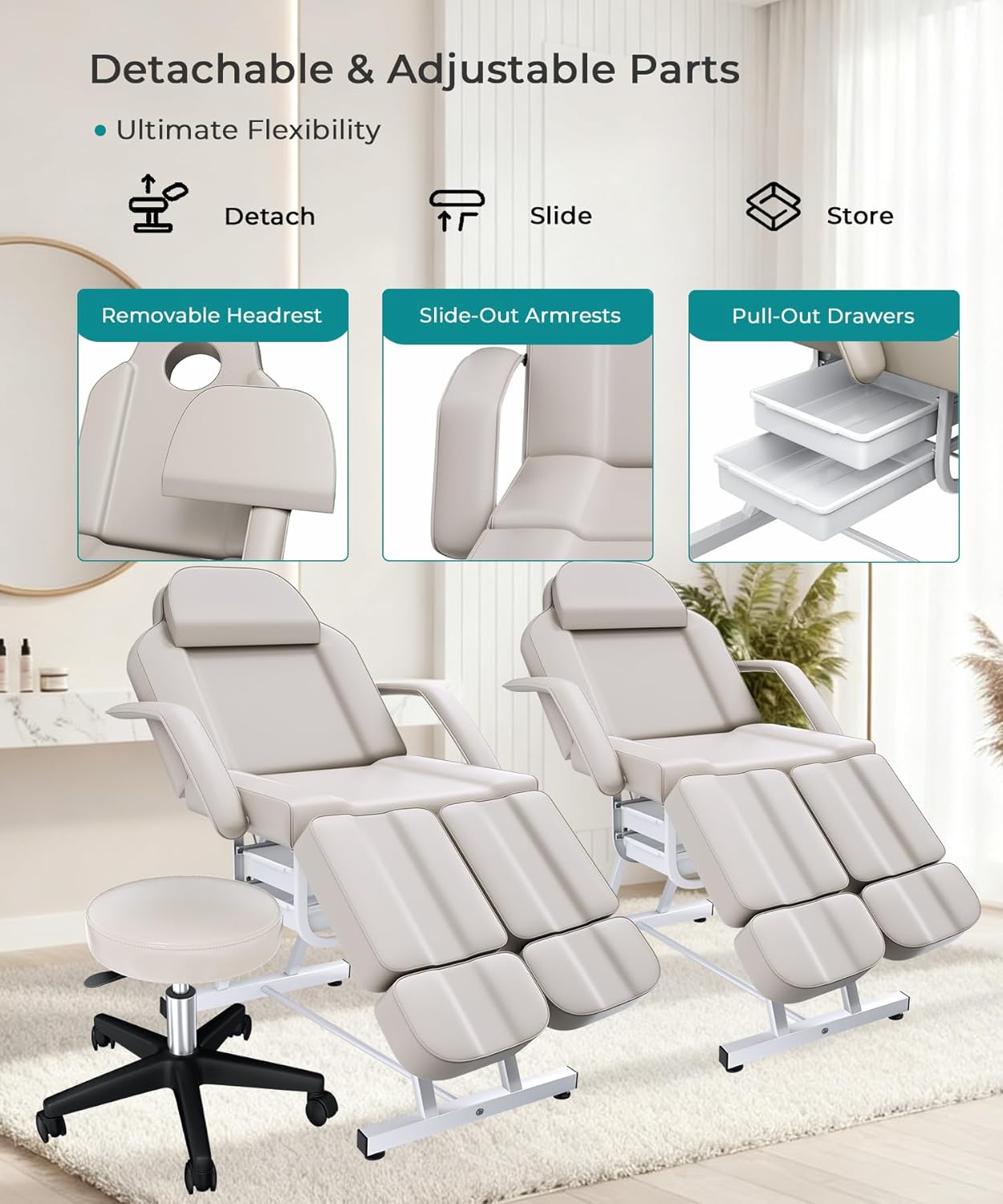 Facial Chair Tattoo Chair for Client, Tattoo Bed w/Split Leg Design Adjustment, Dual Storage Trays, TattooTable with Hydraulic Rolling Stool, Multi-Purpose Spa, Salon & Tattoo Chair, Gray