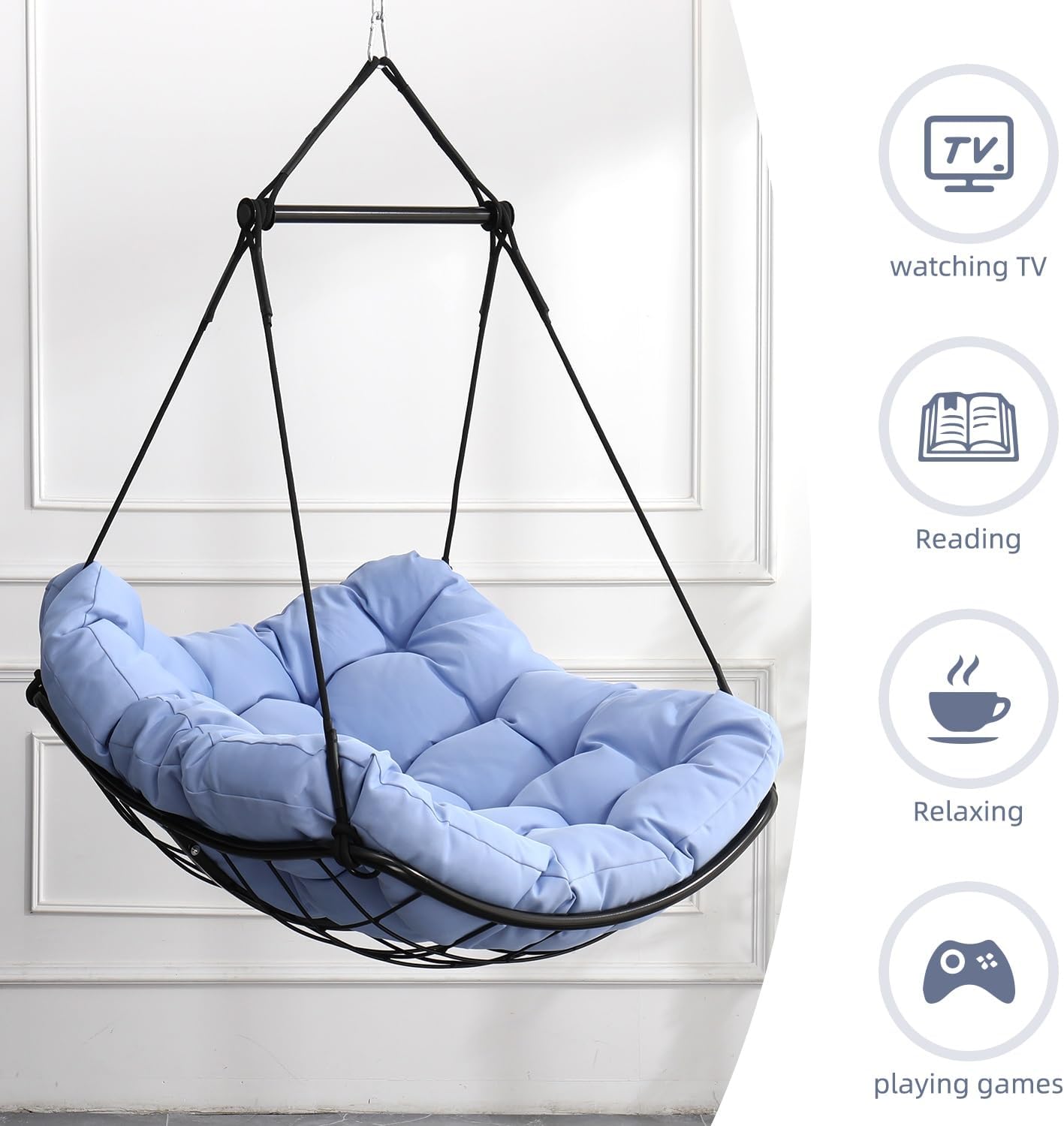 Hammock Chair Swing with Cushion - Outdoor Indoor Hanging Hammock Chair for Patio, Porch, Bedroom, Garden, Courtyard, Balcony - Sturdy Steel Bar with Anti-Slip Safety Rings(Blue Gray)