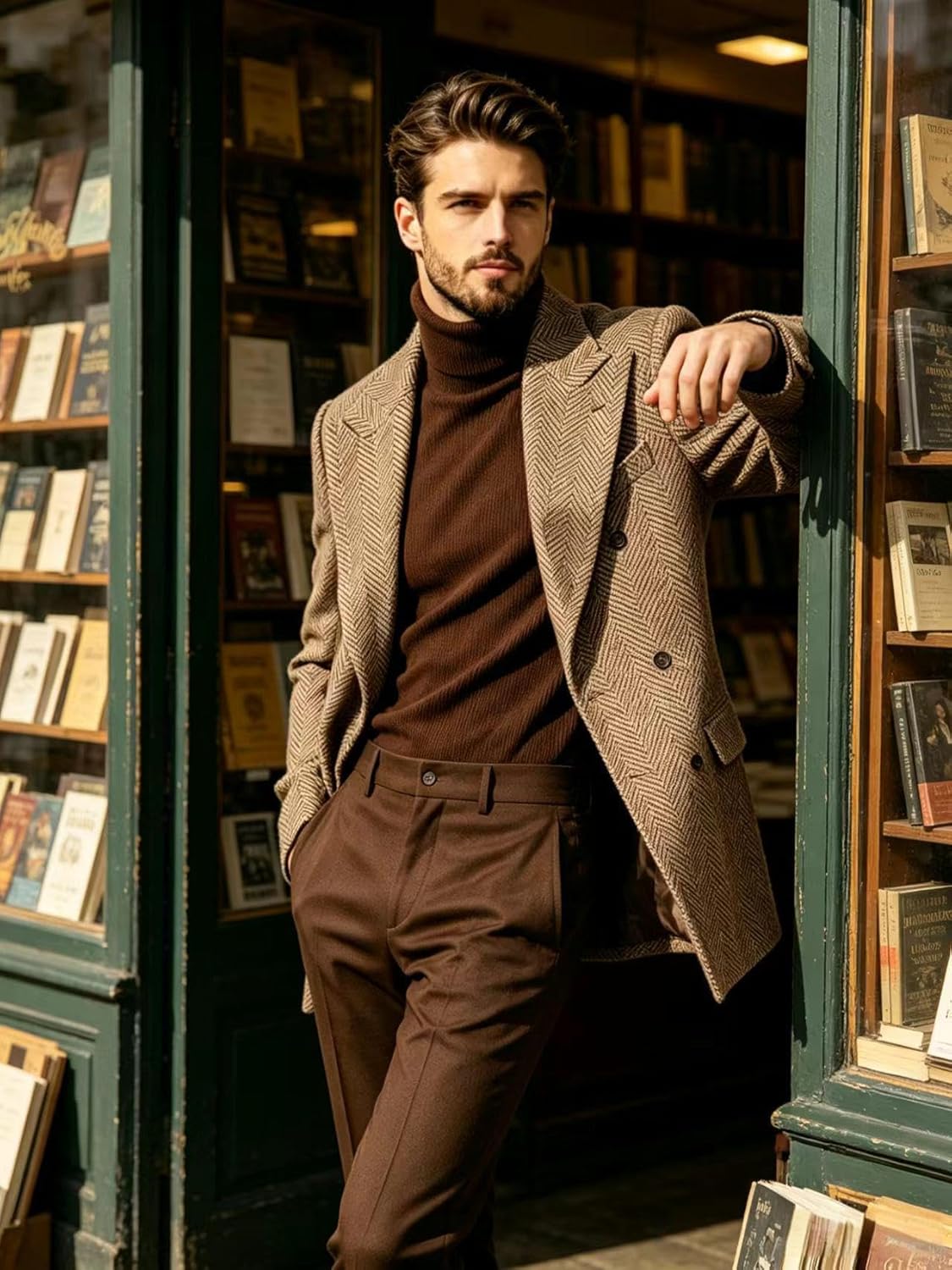Mens Herringbone Tweed Blazer Double Breasted Peak Lapel Sport Coat Vintage Casual Business Suit Jacket