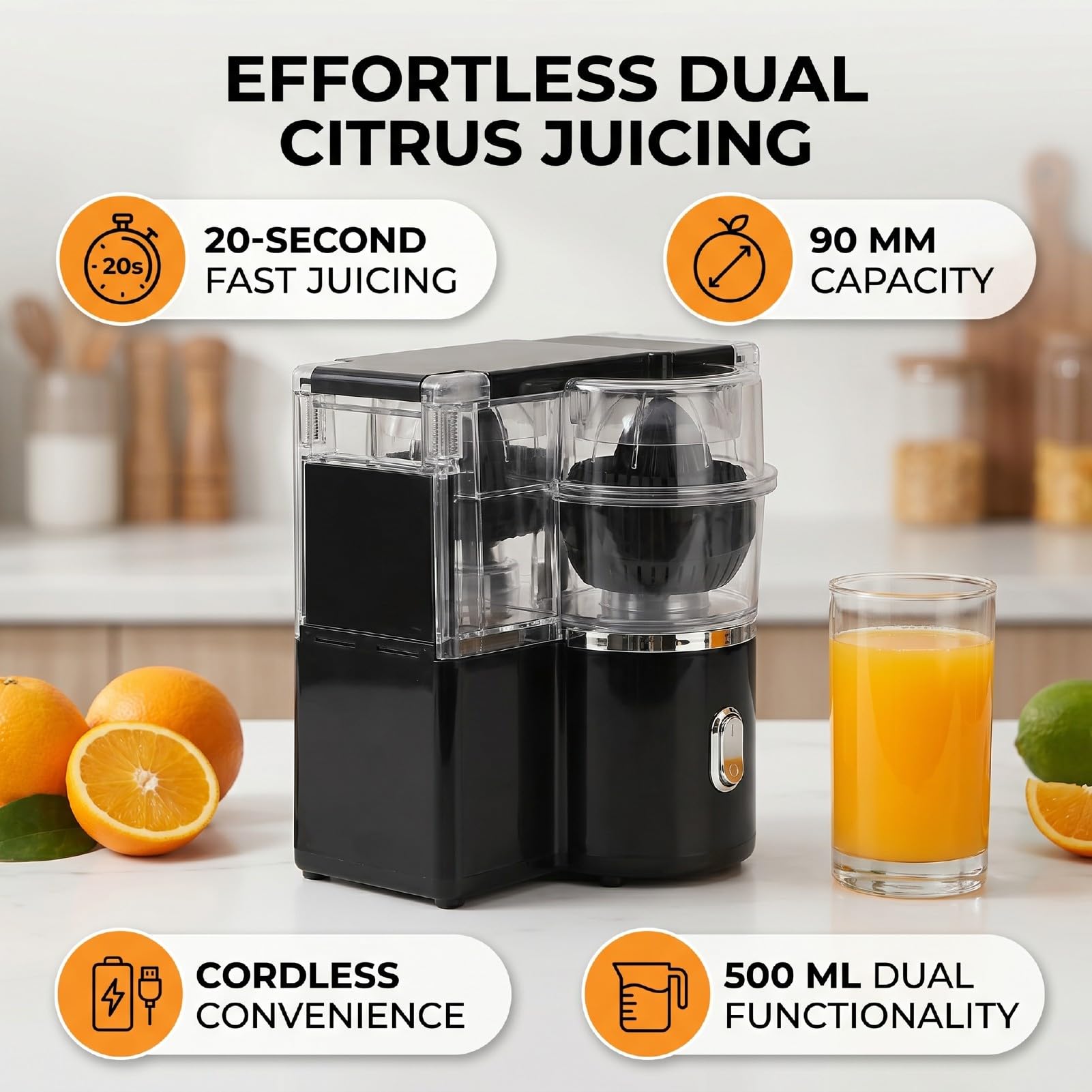 Exprimidor de Cítricos Eléctrico, Exprimidor Rápido de 20 Segundos, Capacidad de 500 Ml, de Naranja Inalámbrico de 8 Ranuras con Extracción Dual de Frutas para Uso en