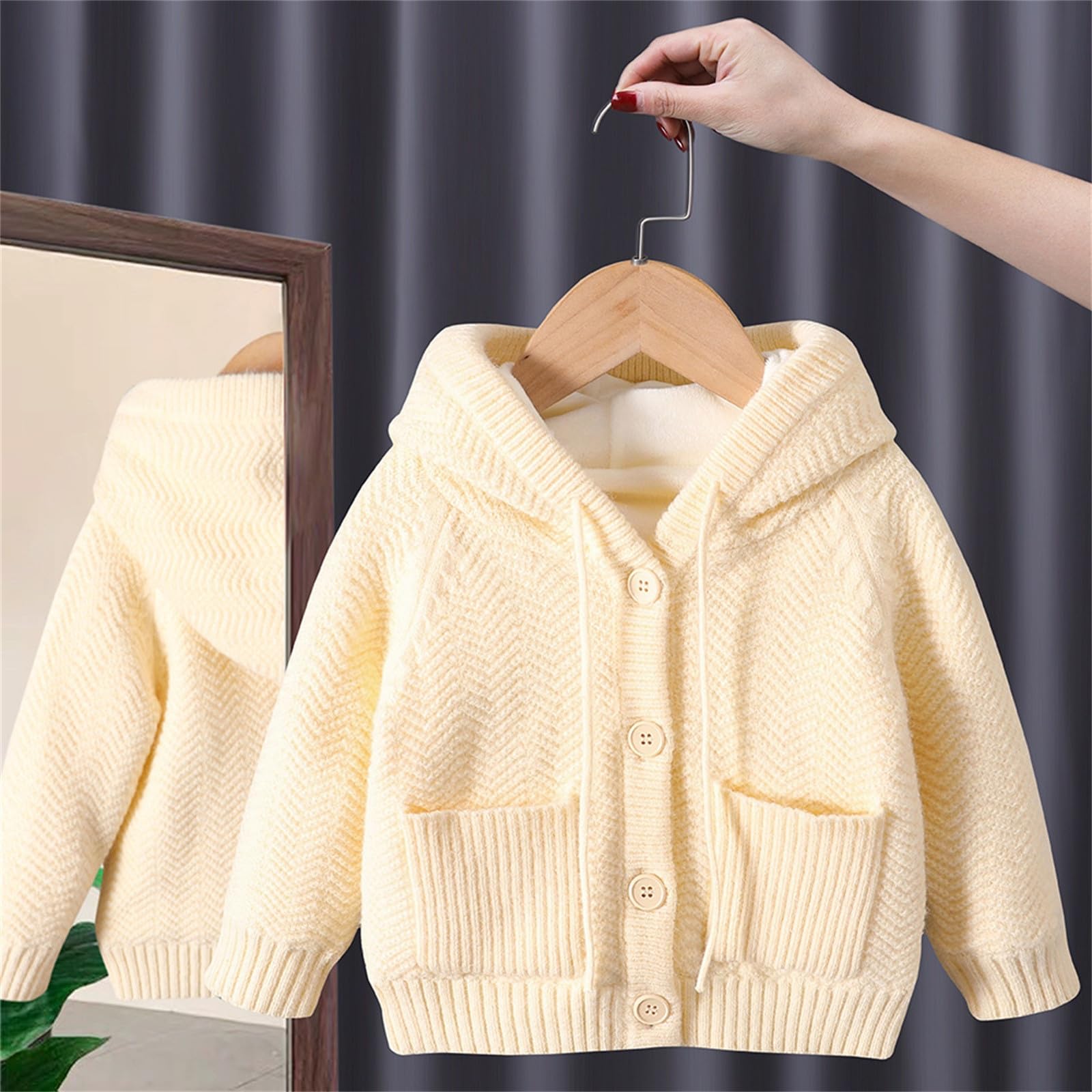 Generico Cardigan Lana Bambina,Maglione Cardigan con Cappuccio per Ragazzi E Bambini Maglione per Ragazze Giacca con Chiusura A Bottoni Lavorata A Maglia Foderato in Pile Cappotto Invernale Top