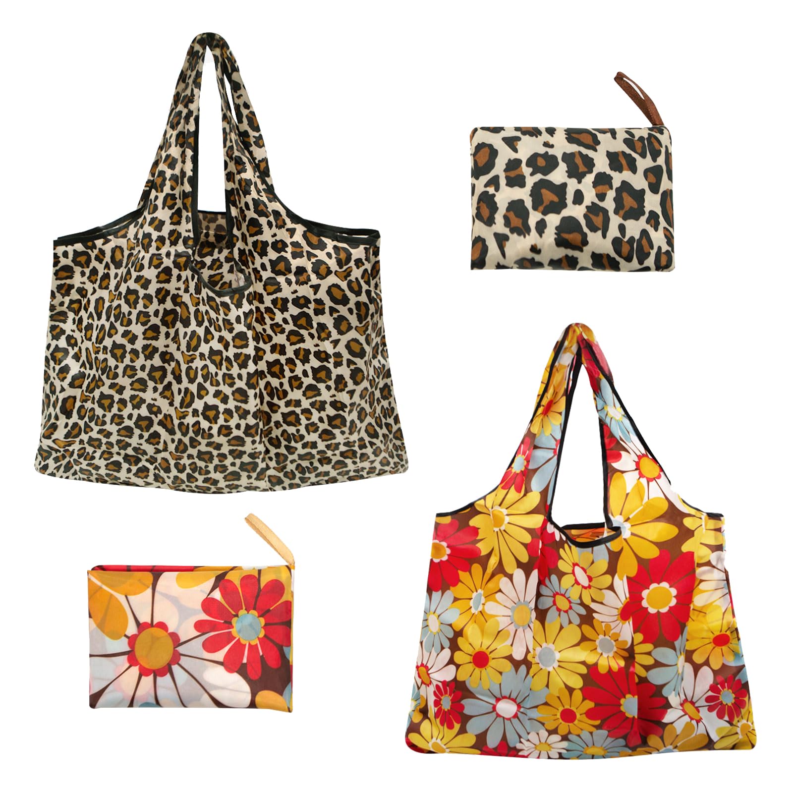 Long Keeper 2 Pcs Foldable Shopping Bag Drawstring Reusable Grocery Bags Large Washable Portable Folding Tote Bag in Pouch for Daily Shopping Travel Household (2, Leopard + Daisy)