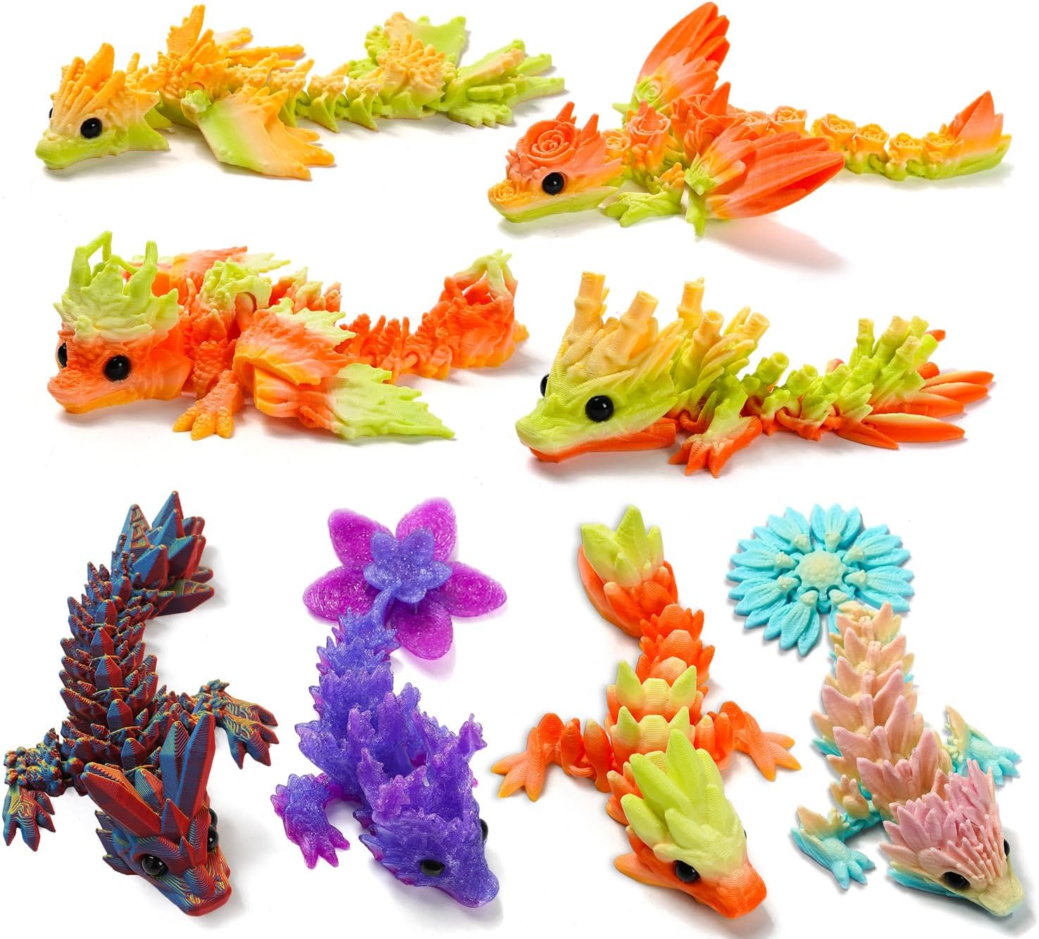 8PCS 3D Printed Dragon Toys,Articulated Dragon,3D Fidget Toy,Flexible Desk Pets,3-D Printed Animals Toys Gift for Kids Adult Home Office Decor
