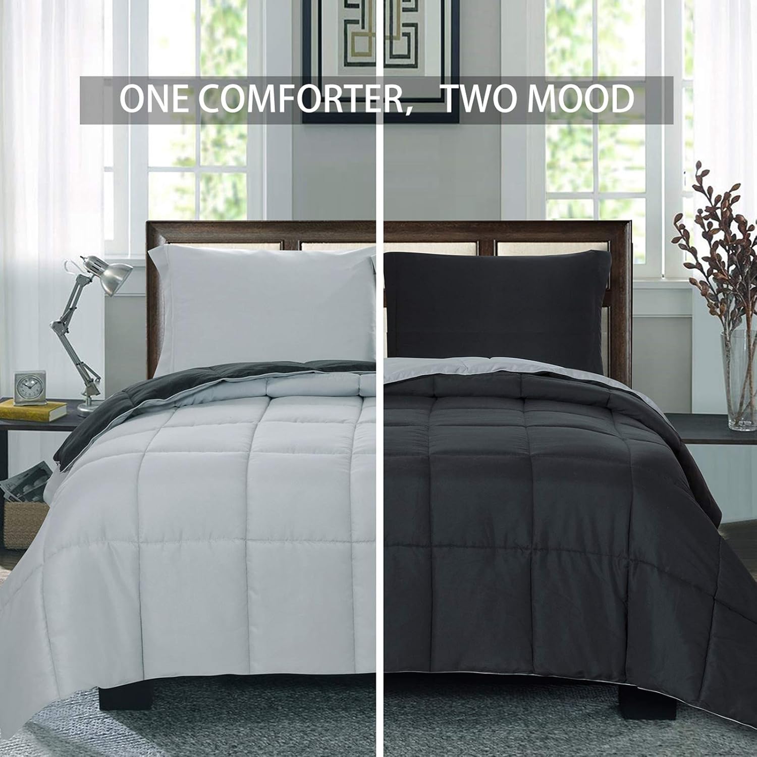 Homelike Moment Lightweight Comforter Set Queen Reversible All Season Down Alternative Bed Comforter Set Summer Blanket 3 Piece - 1 Comforter 2 Pillow Shams Full / Queen Size Black / Light Grey : Home & Kitchen