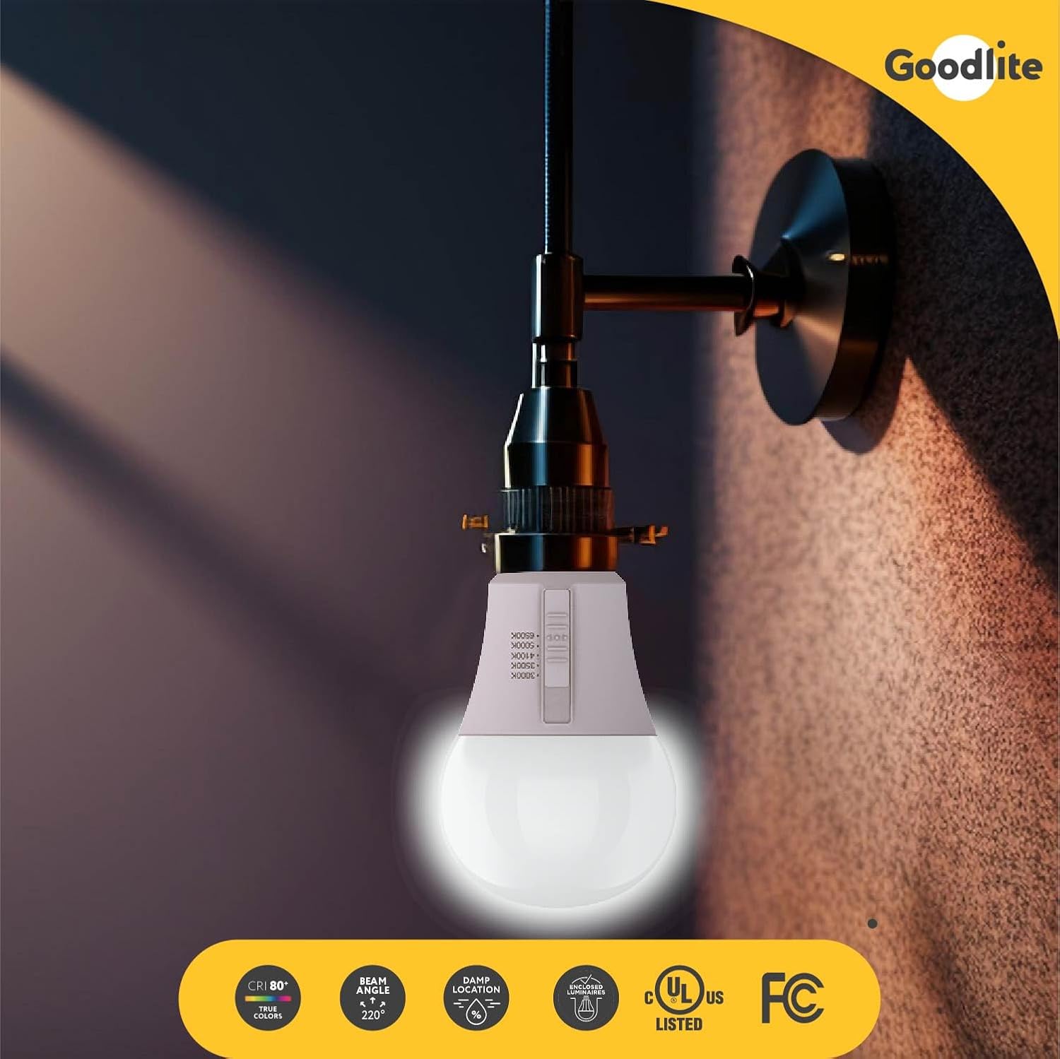 Goodlite GU24 Base A19 LED Bulb, 5 Color Selectable 3000K-3500K-4100K-5000K-6500K, 1500 Lumens, 15 Watt (100W Equivalent), High CRI, 5% Dimmable, UL Listed, Damp Rated, 15,000 Hrs. 50pk (G-10888)