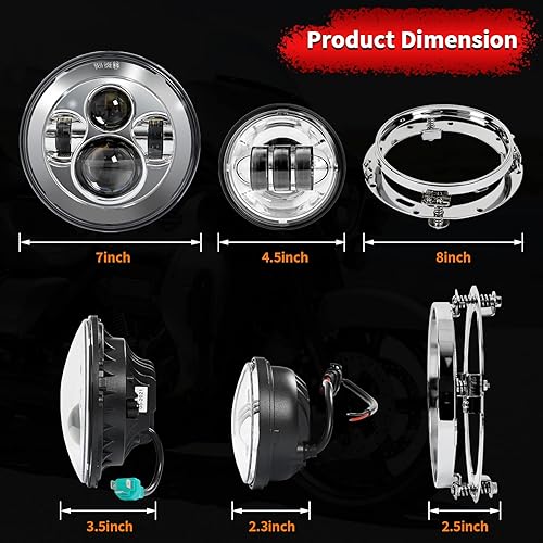 Miniatura 8 de Wisamic Faro LED para motocicleta de 7 pulgadas, lámparas de paso de 4.5 pulgadas, luces antiniebla y anillo de montaje, compatible con Harley