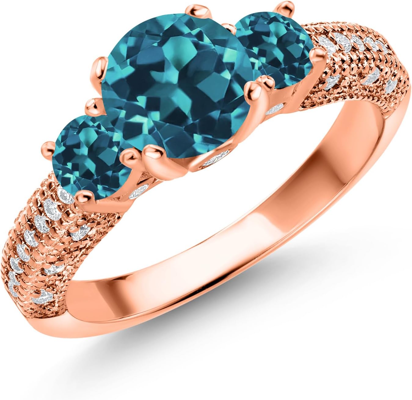 Gem Stone King 18K Rose Gold Plated Silver London Blue Topaz and White Moissanite Engagement Ring For Women (2.44 Cttw, Gemstone November Birthstone, Round 7MM and 4MM)