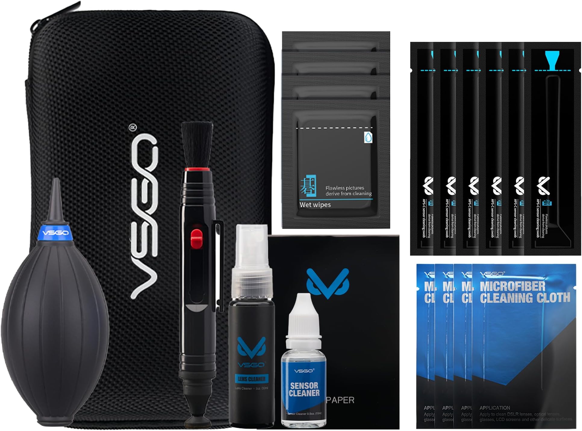 VSGO DKL-20 Professional Cameras Cleaning Kit with APS-C Sensor Cleaning Swabs Lens Cleaning Pen Air Blower Compatible for Canon, Nikon, Pentax, Sony Lens DSLR Cameras(20-in-1 Kit with APS-C swabs)