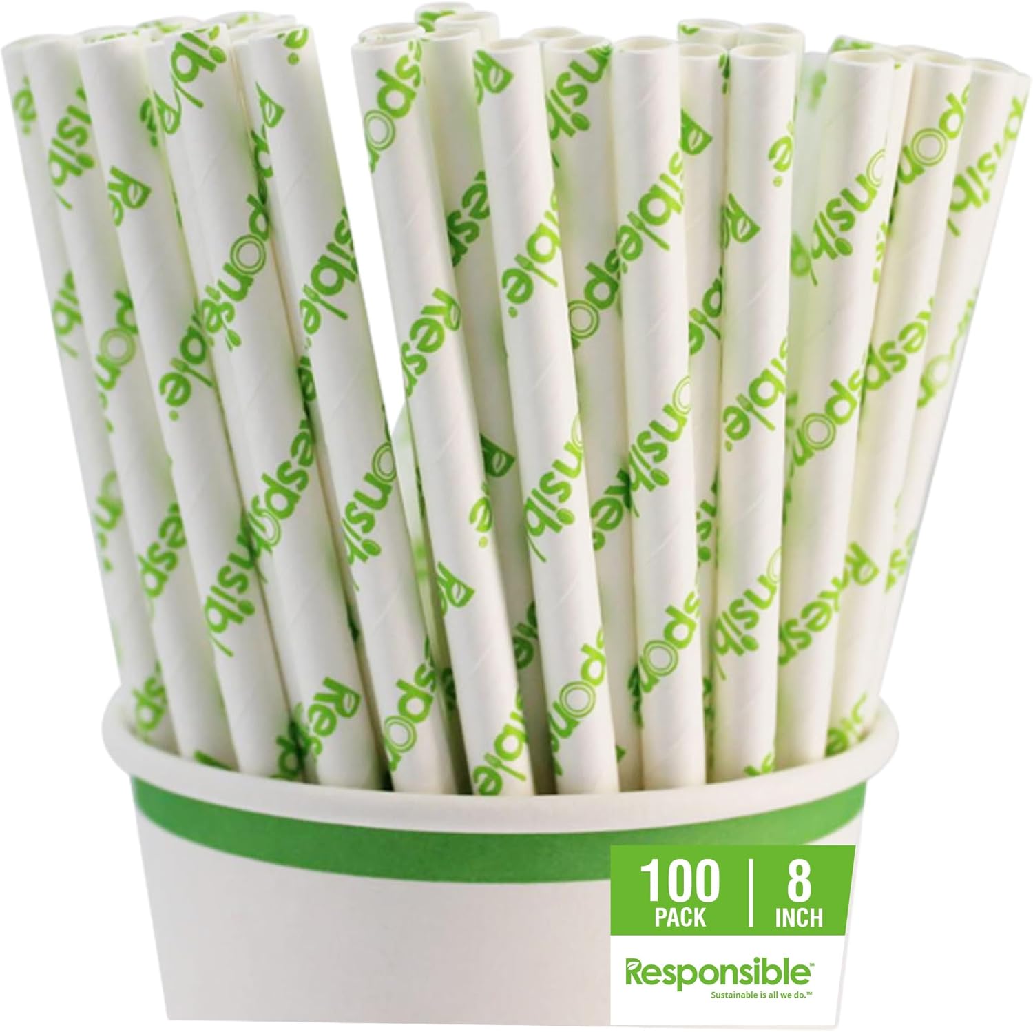 Responsible Products 100% Compostable 8 Inch Paper Straw, Extra Strength Straws, Made from Natural Plant Materials (3000 Pack)