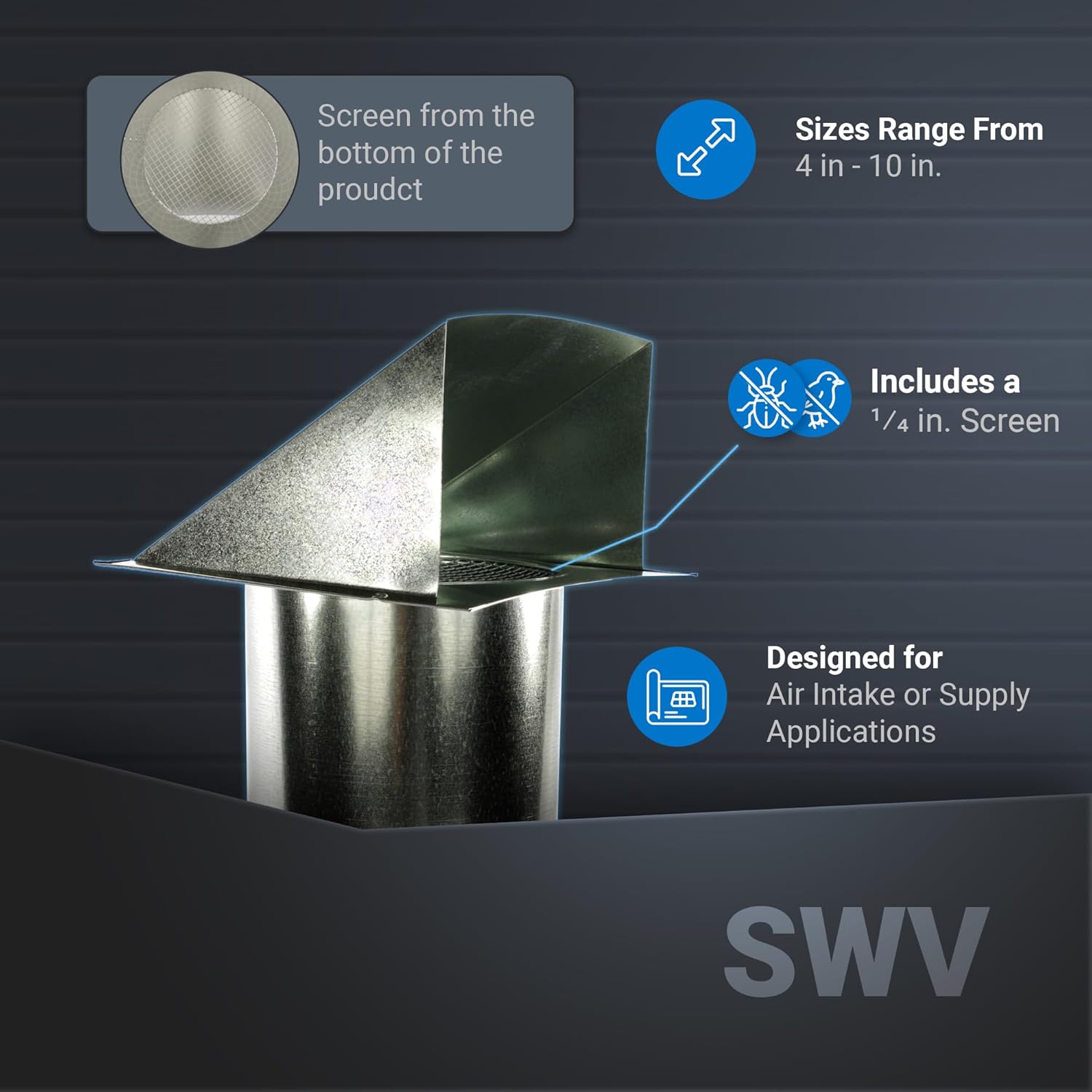 FAMCO Galvanized Steel Hooded Wall Vent with Screen, Used for Air Intake, Air Supply or Exhaust Applications