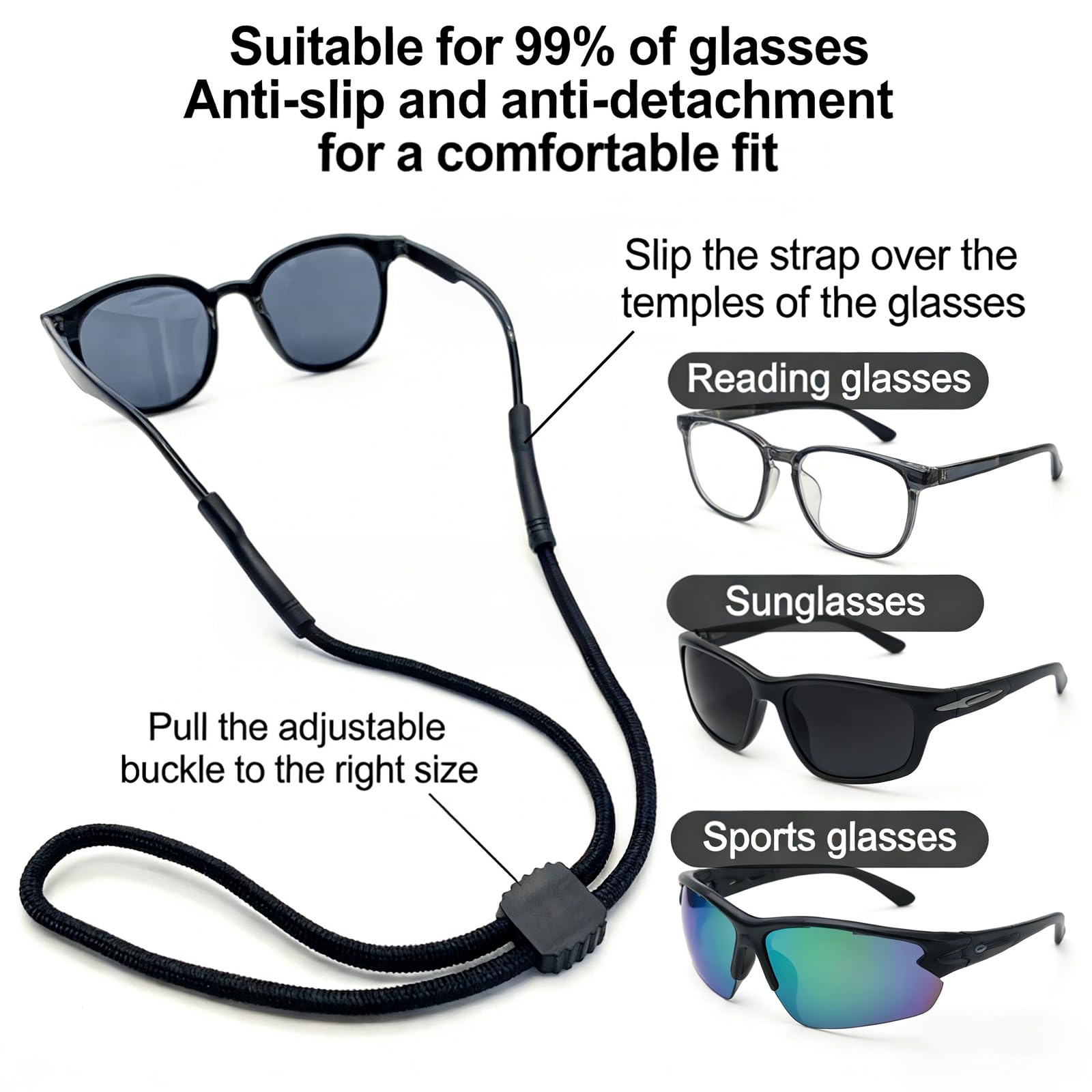 3 correas ajustables para gafas, cadena antideslizante para gafas, correas para gafas, con hebilla antideslizante de silicona, cadena de fijación de gafas de nailon, para salir, deportes, leer (negro) — view 3