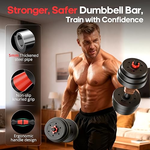 Miniatura 8 de Juego de mancuernas ajustables 4 en 1 de 45 libras, pesas libres con conector de barra y asas de pesas rusas, mancuernas antideslizantes, se